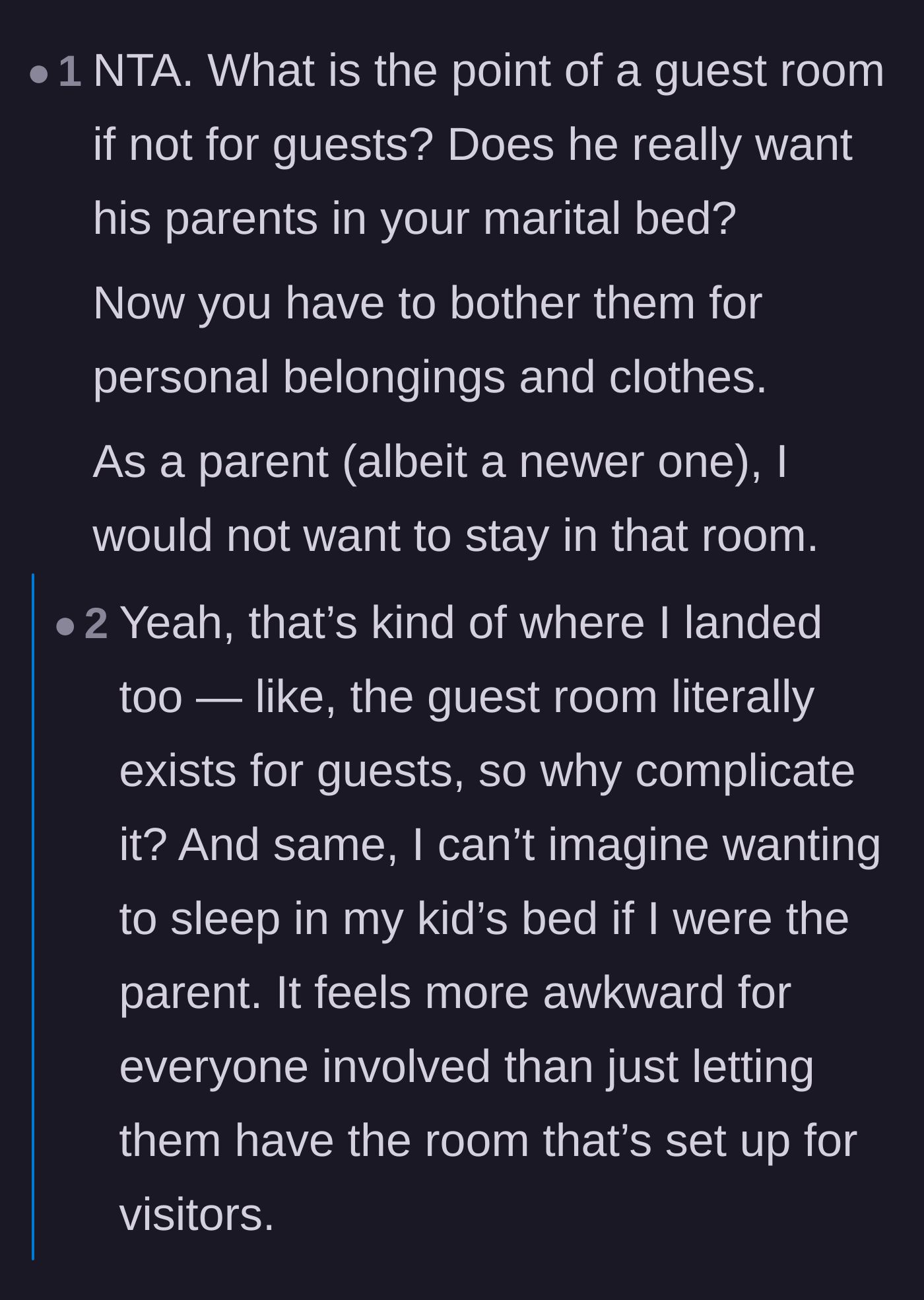 Comment thread 2 - Readers pointing out the awkwardness of parents sleeping in their adult child's intimate bedroom.