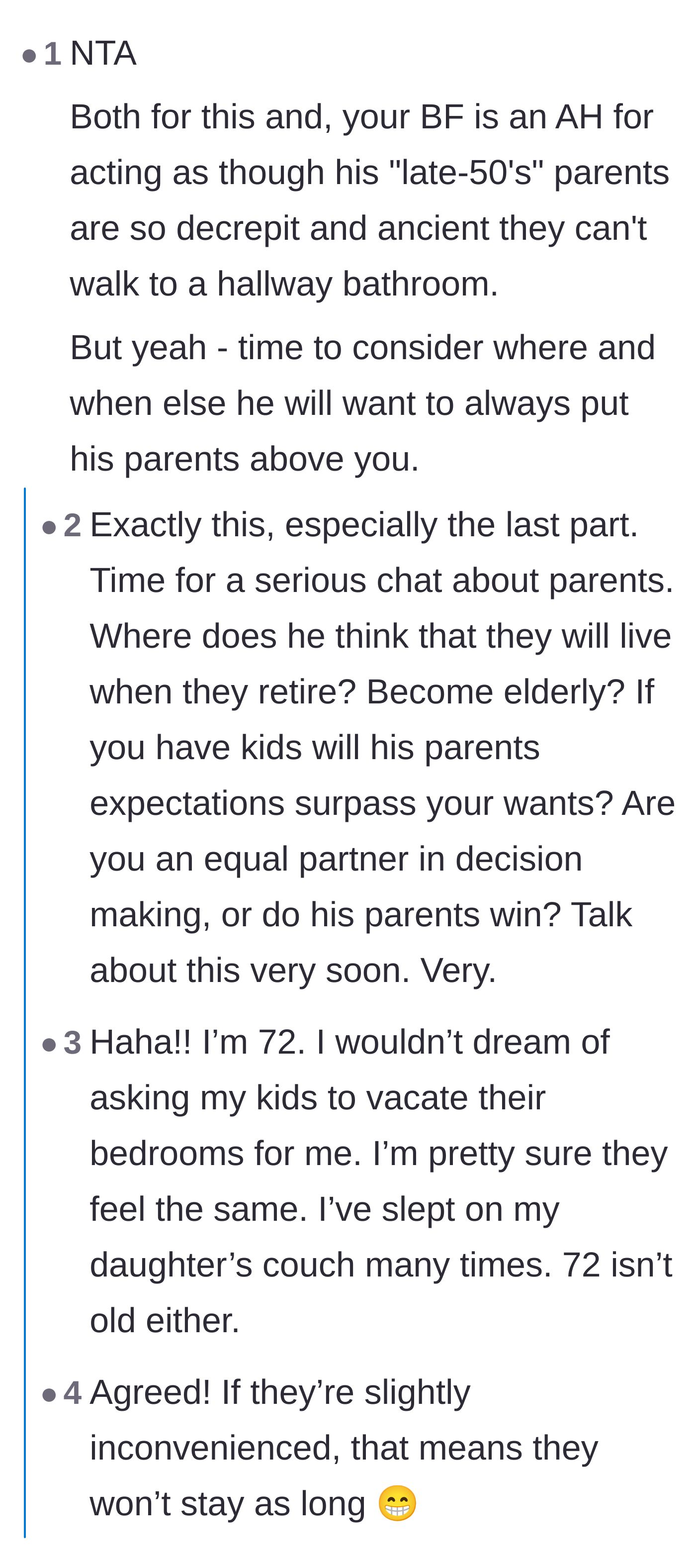 Comment thread 3 - Warnings about the fiancé's habit of prioritizing his parents and making unilateral decisions.