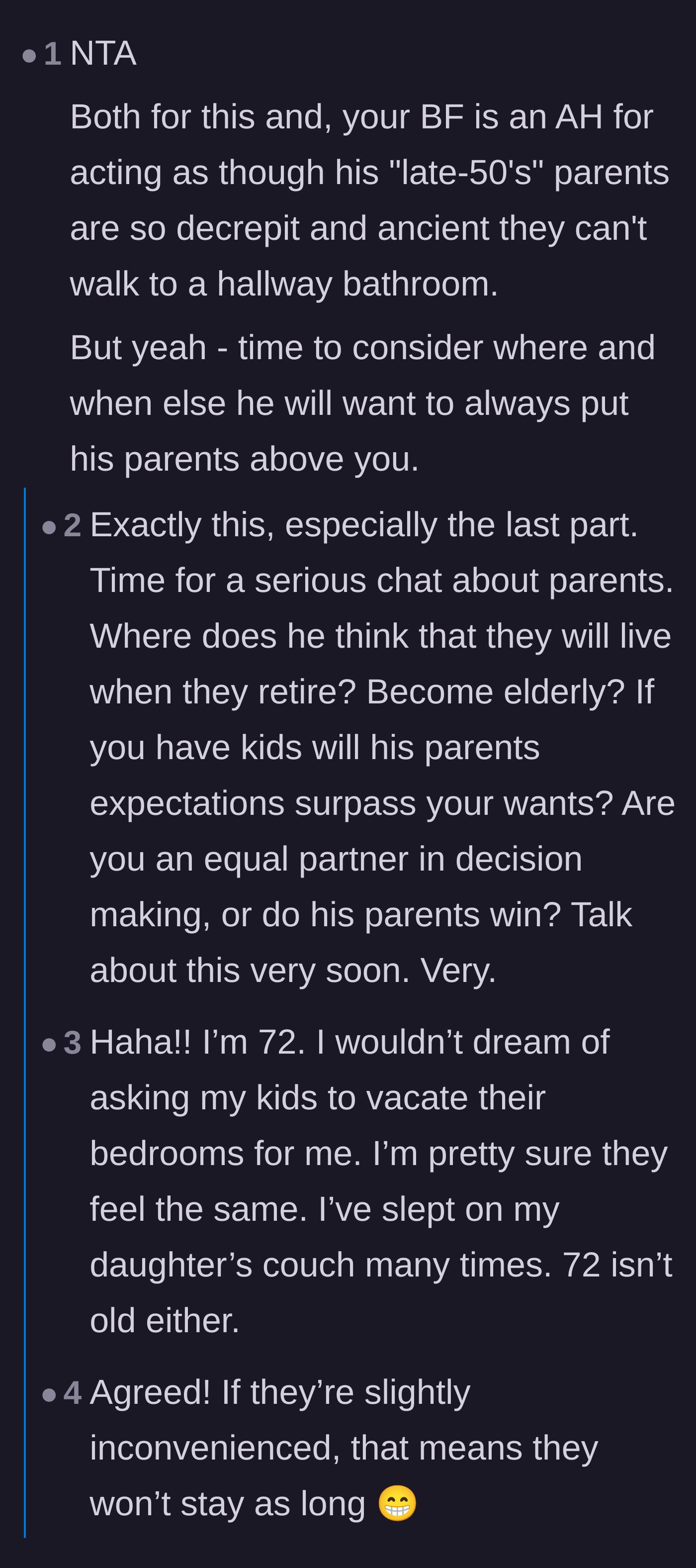 Comment thread 3 - Warnings about the fiancé's habit of prioritizing his parents and making unilateral decisions.