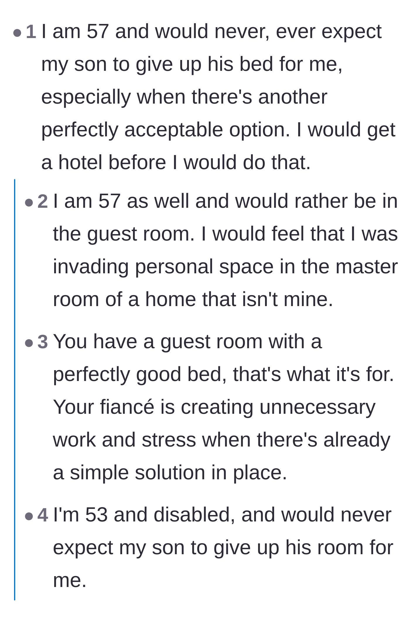 Comment thread 4 - Parents in their 50s agreeing they would feel intrusive and uncomfortable taking their son's primary bedroom.