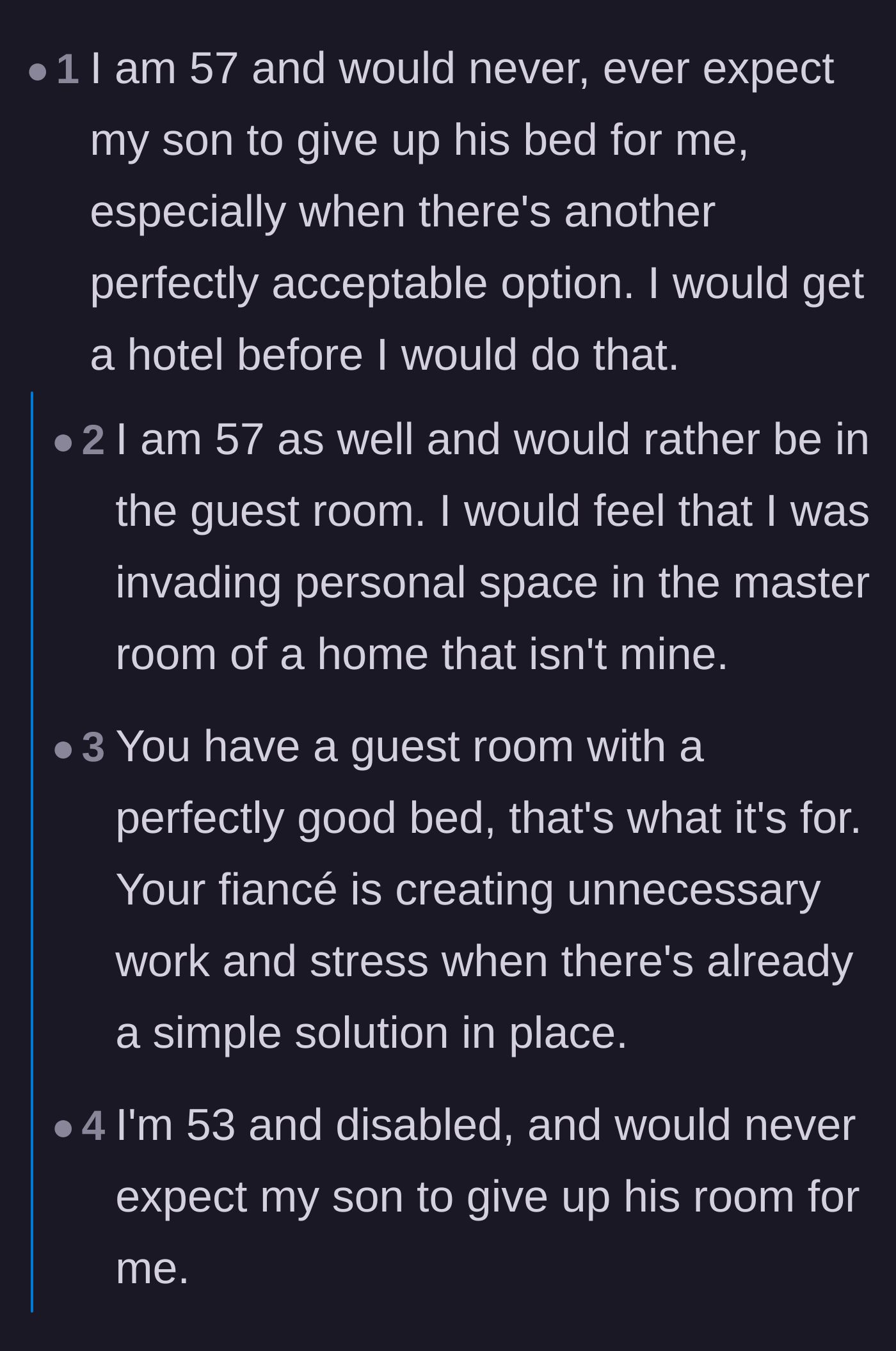 Comment thread 4 - Parents in their 50s agreeing they would feel intrusive and uncomfortable taking their son's primary bedroom.