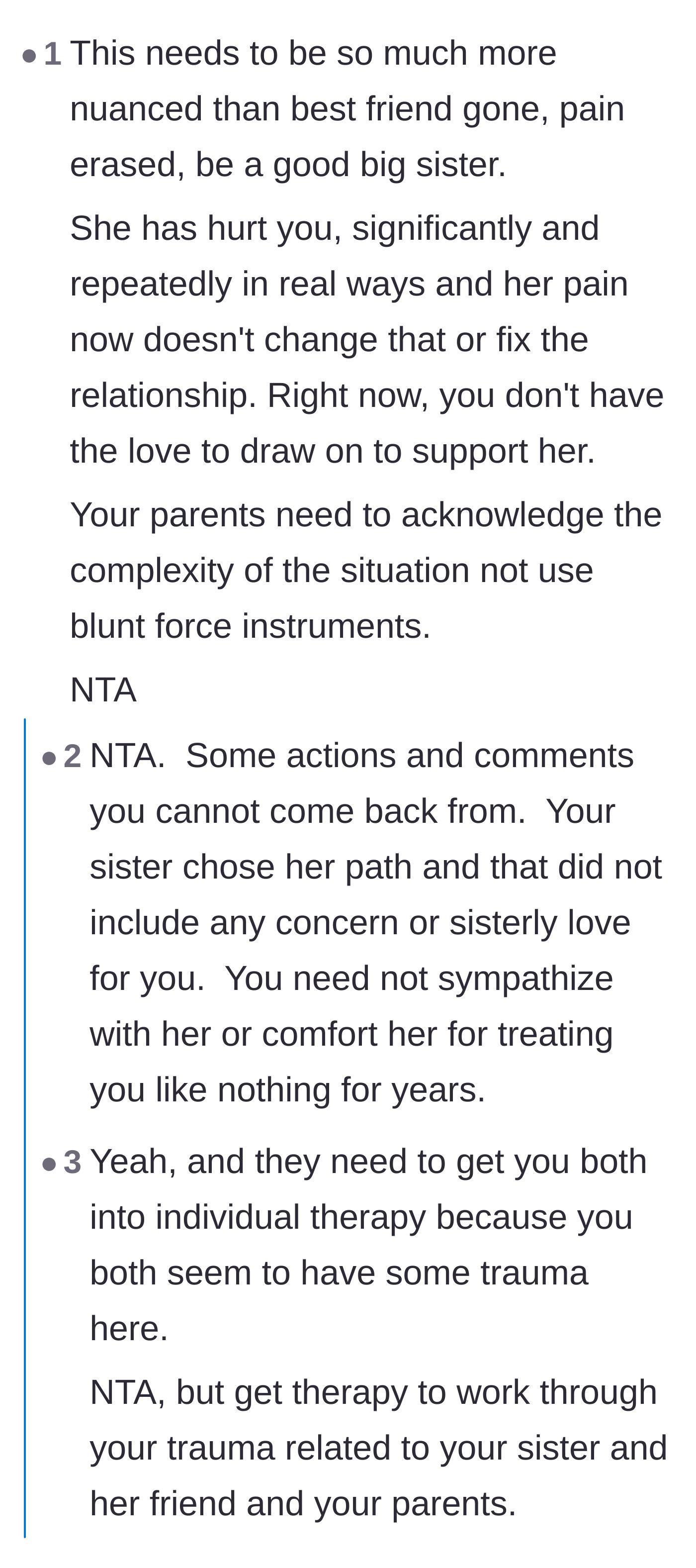 Comment thread 1 - Advice explaining that the parents are ignoring the complexity of the trauma and that the sister's pain doesn't instantly heal the relationship.