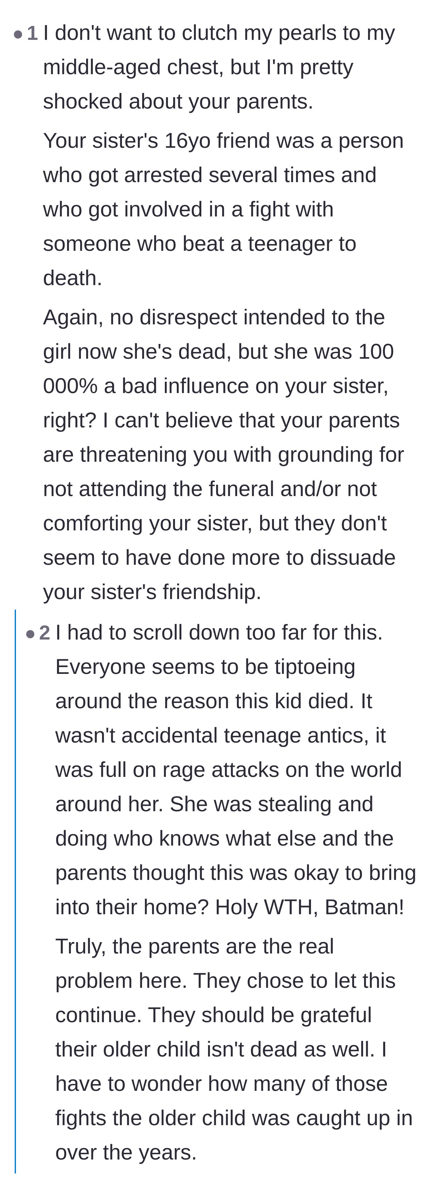 Comment thread 2 - A discussion calling out the parents' shocking failure to protect the author from a violent delinquent and debating the concept of 'respecting the dead.'