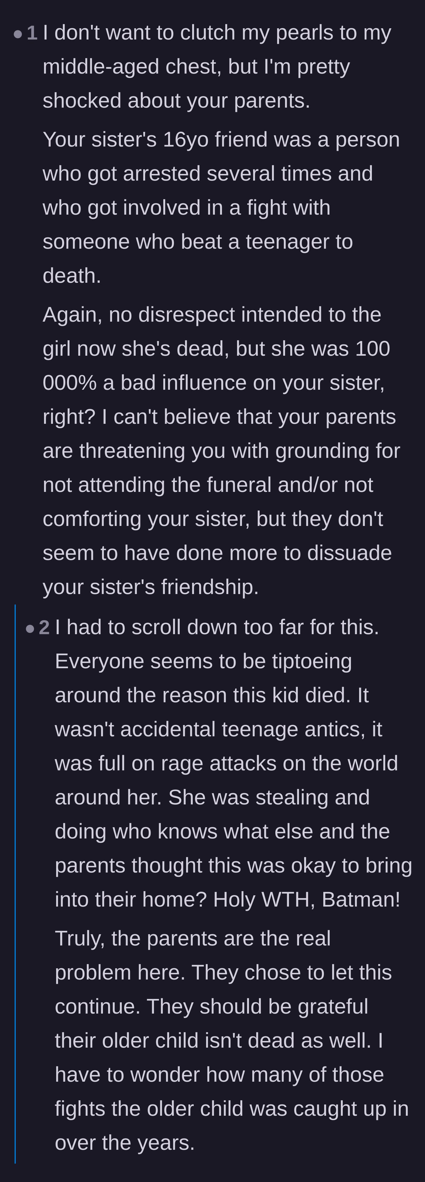 Comment thread 2 - A discussion calling out the parents' shocking failure to protect the author from a violent delinquent and debating the concept of 'respecting the dead.'