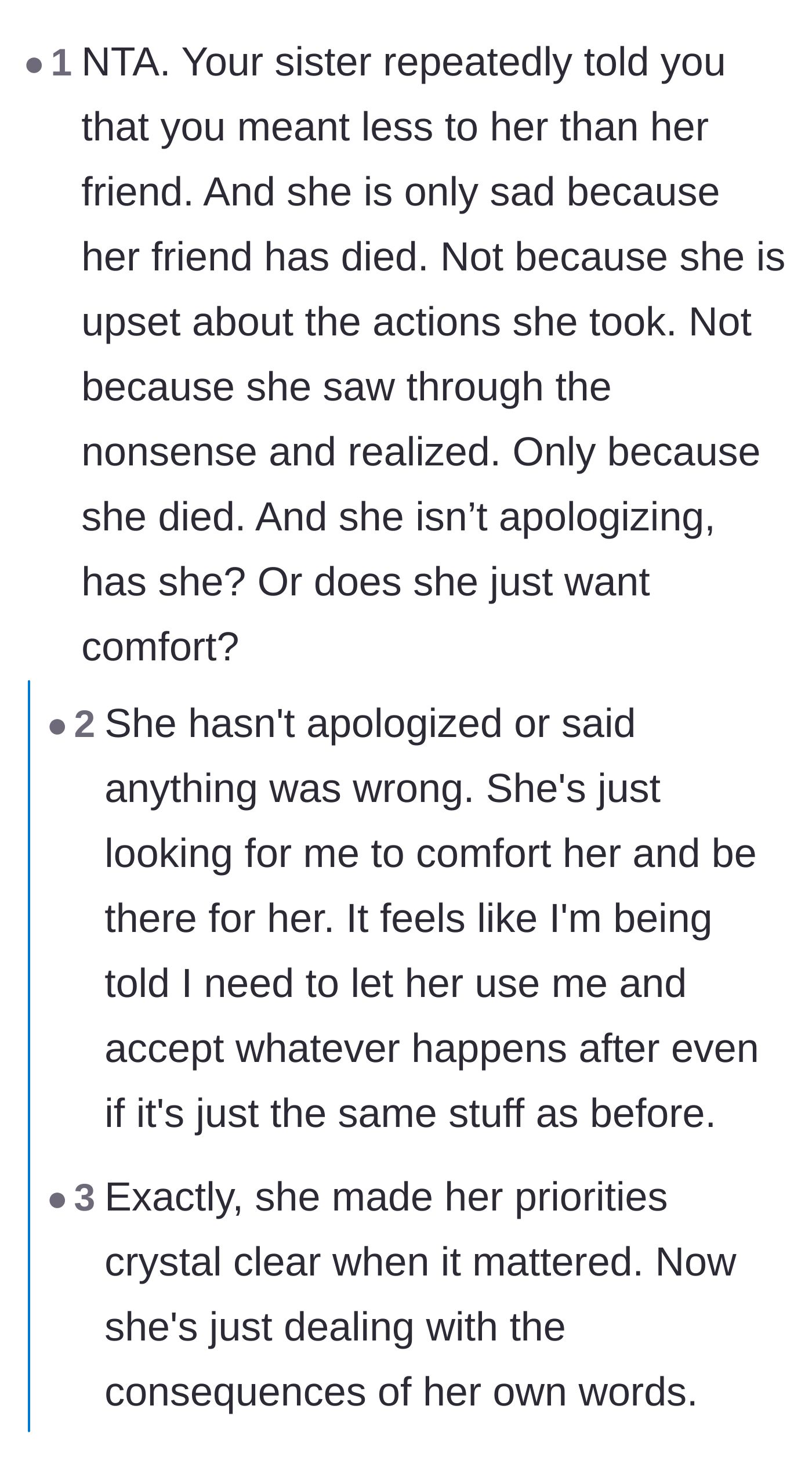 Comment thread 3 - Readers validating the author's frustration that the sister is seeking comfort without ever apologizing for her past abusive behavior.