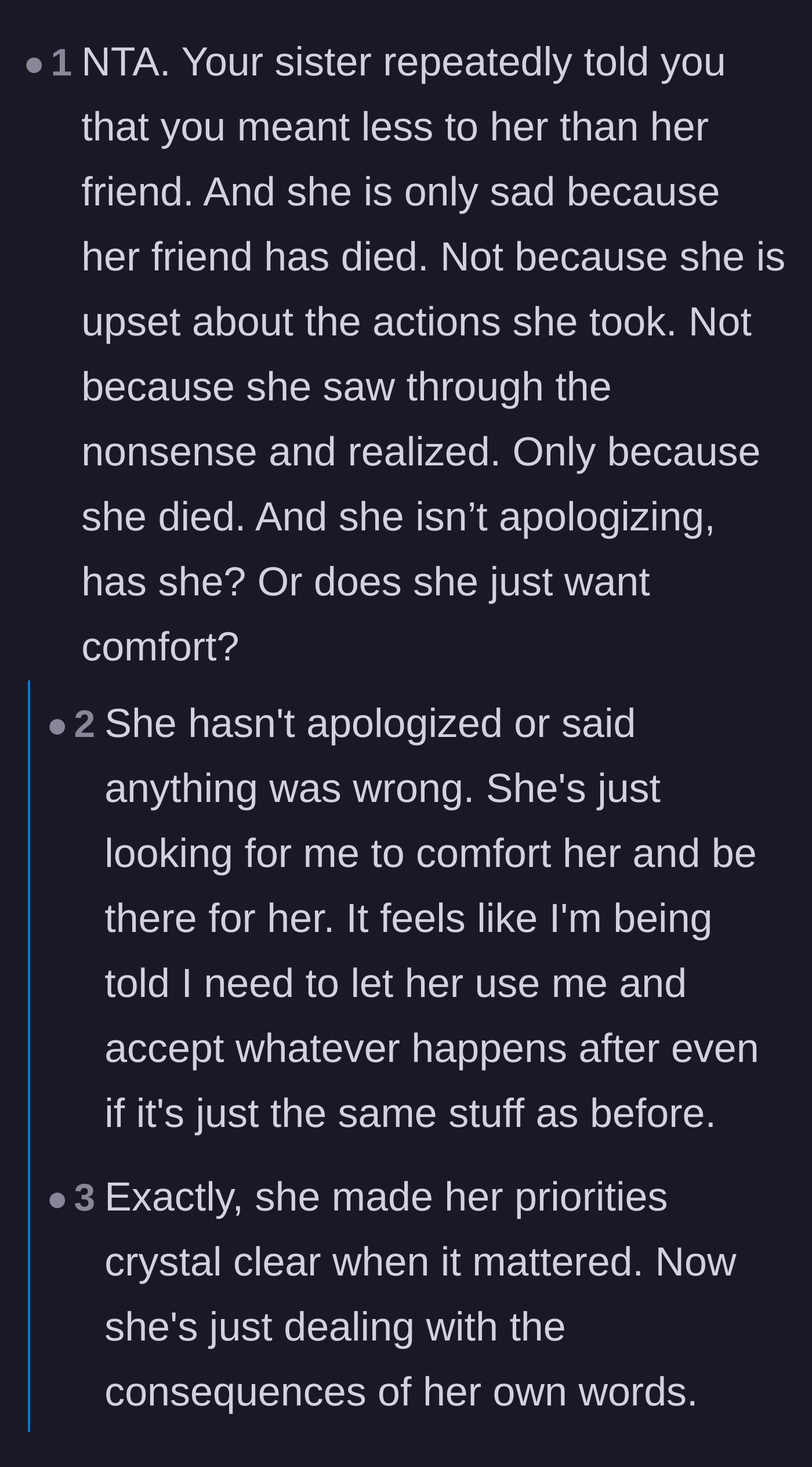 Comment thread 3 - Readers validating the author's frustration that the sister is seeking comfort without ever apologizing for her past abusive behavior.