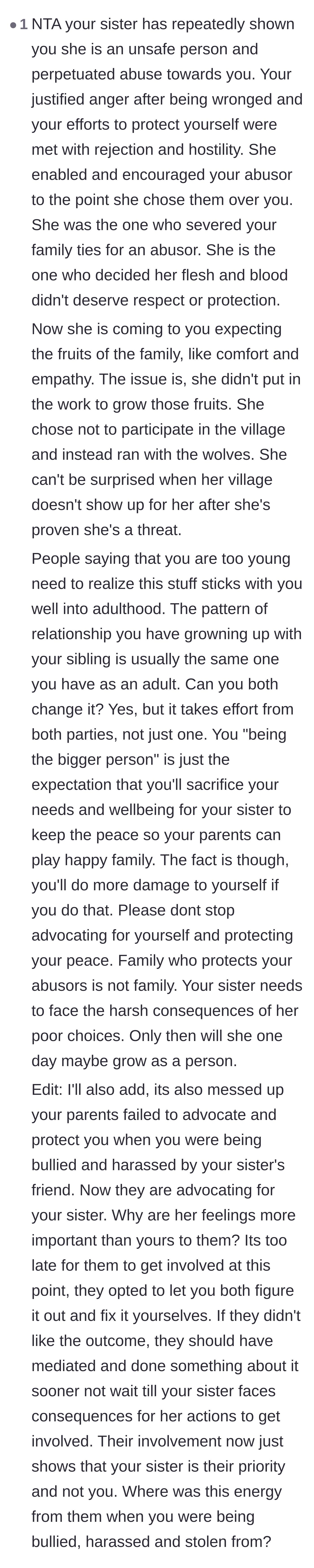 Comment thread 4 - A deep dive into how the sister severed the family ties for an abuser and now expects unconditional family support without putting in the work.