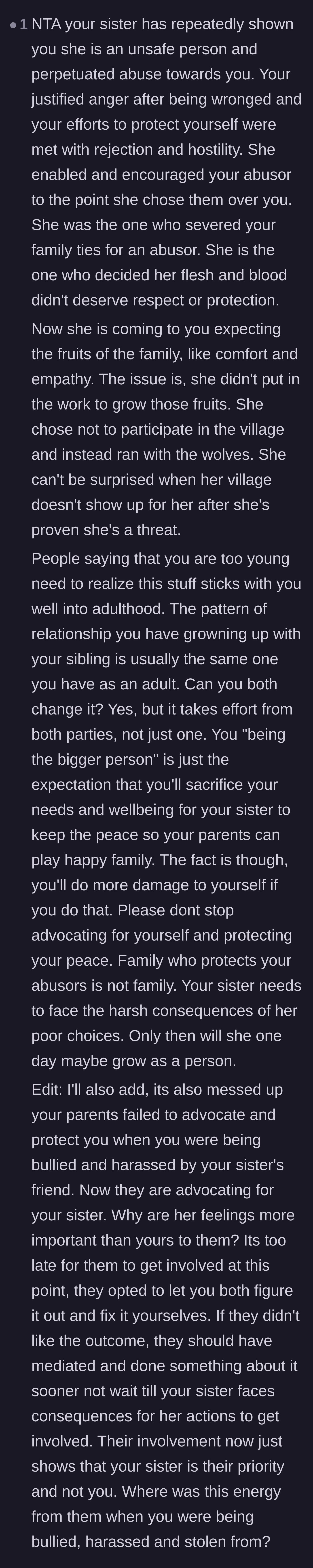 Comment thread 4 - A deep dive into how the sister severed the family ties for an abuser and now expects unconditional family support without putting in the work.