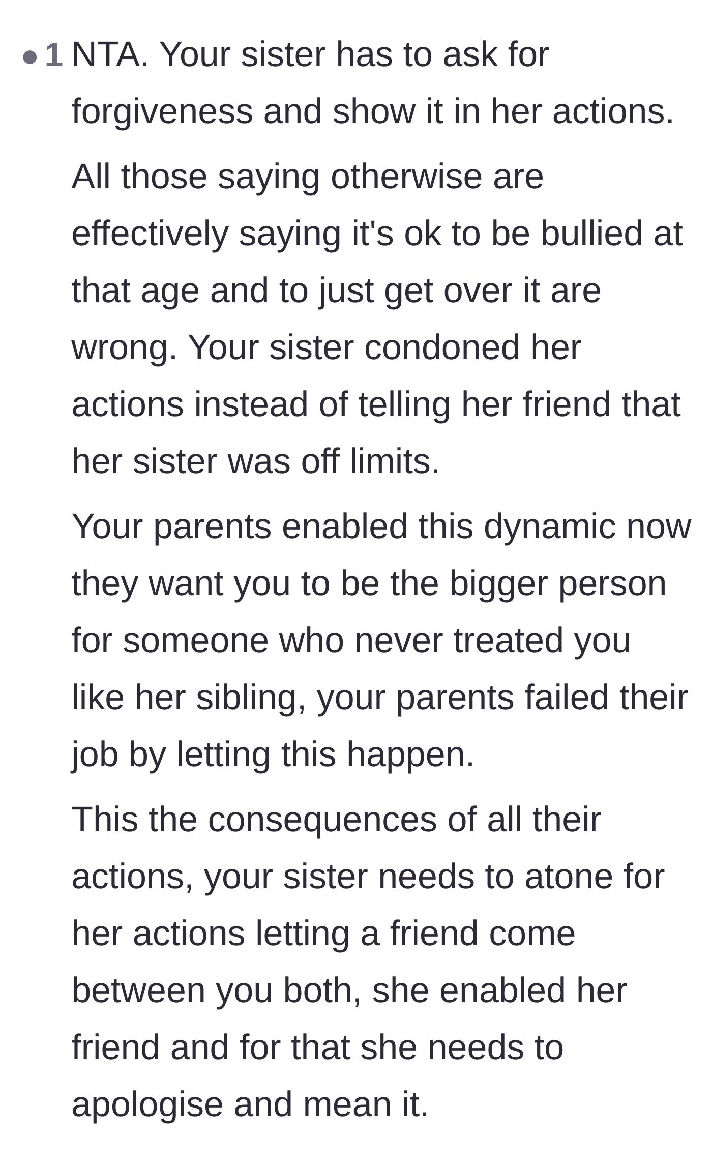 Comment thread 5 - Comments insisting that the sister must actively seek forgiveness and that brushing off teenage bullying is incredibly harmful.