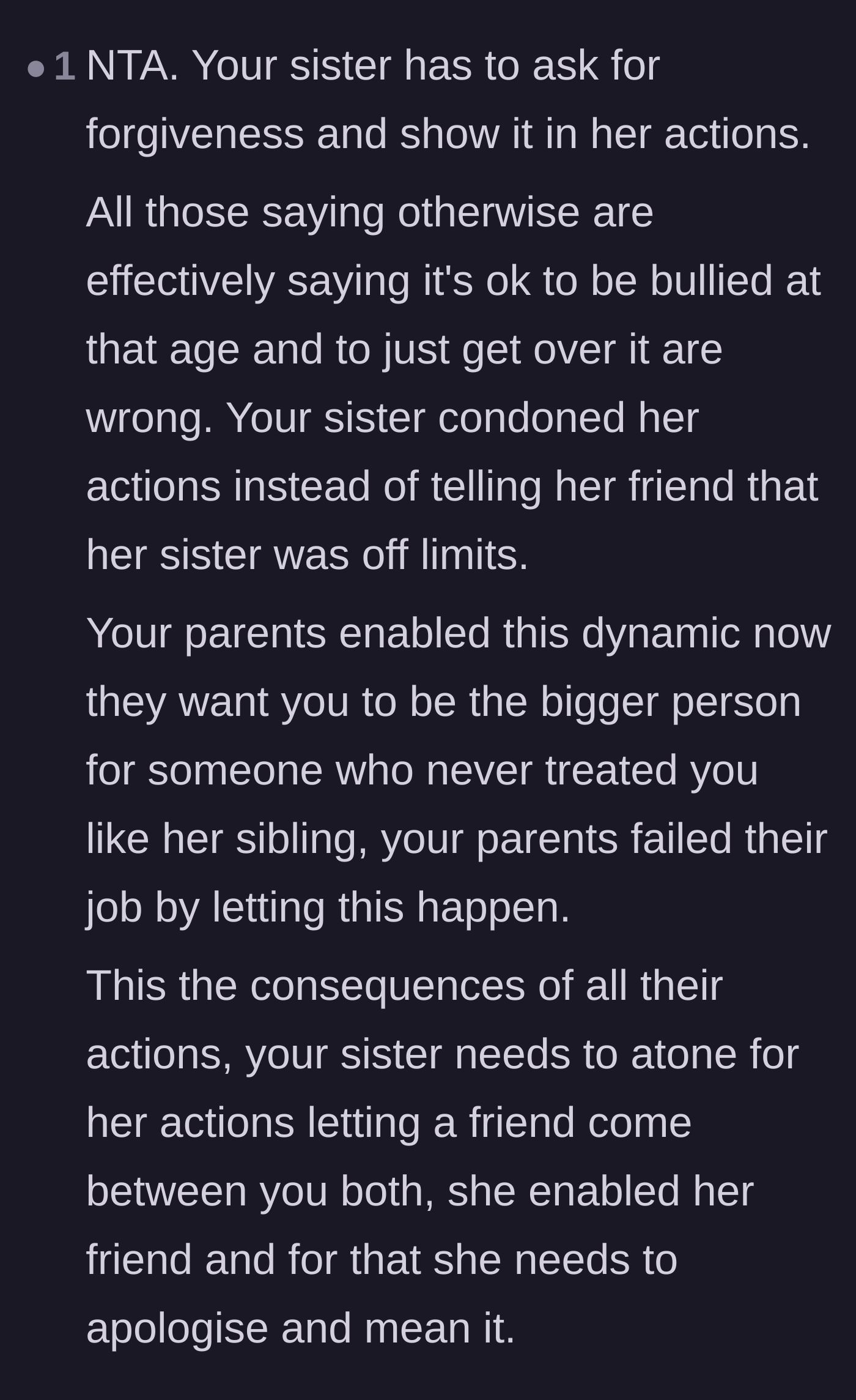 Comment thread 5 - Comments insisting that the sister must actively seek forgiveness and that brushing off teenage bullying is incredibly harmful.