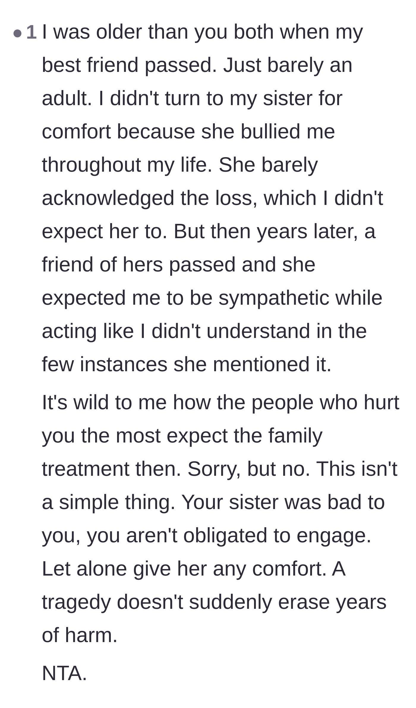 Comment thread 6 - A personal story from a reader who also refused to comfort an estranged, bullying sibling after a loss.