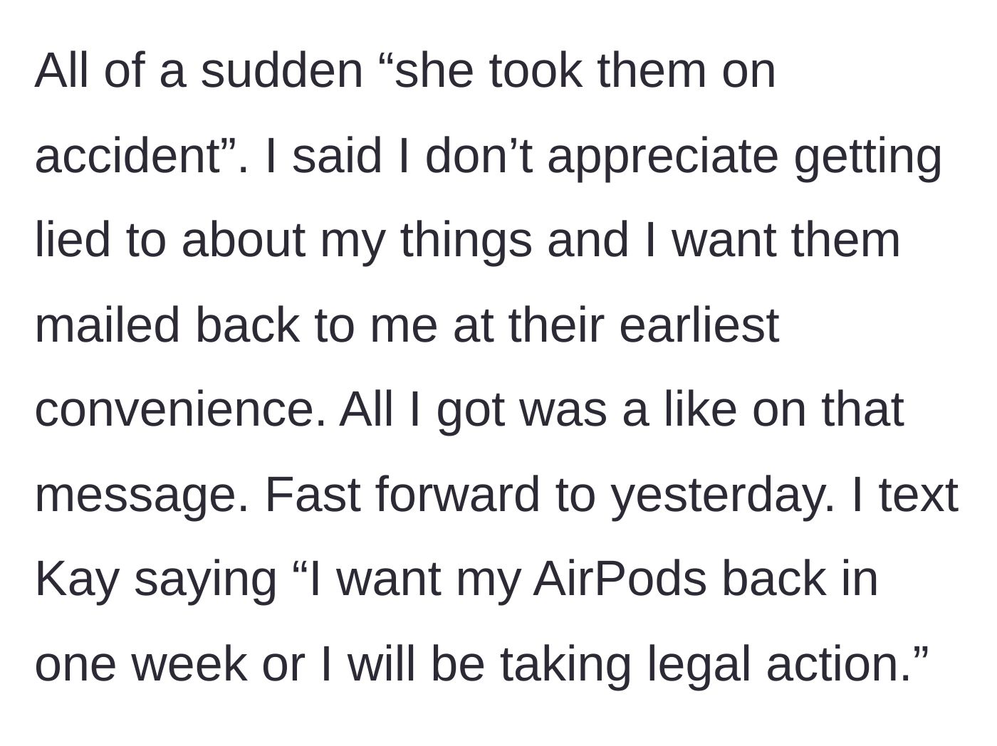 Story part 5 - Tracking app shows AirPods at the girlfriend's fishing spot; main character texts the boyfriend with proof, leading the girlfriend to finally admit she took them accidentally.