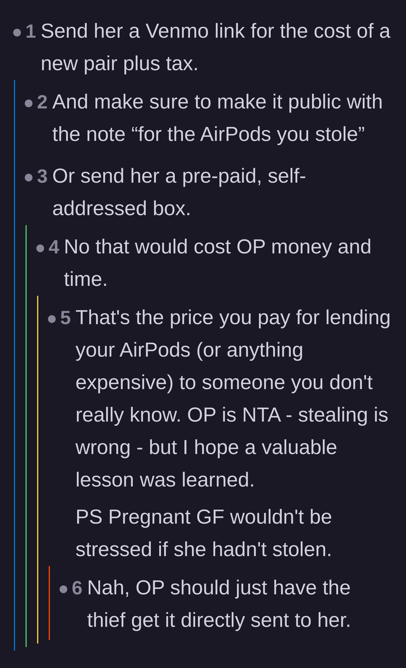Comment thread 1 - Debate on whether to send a public Venmo request for a replacement or demand a return.