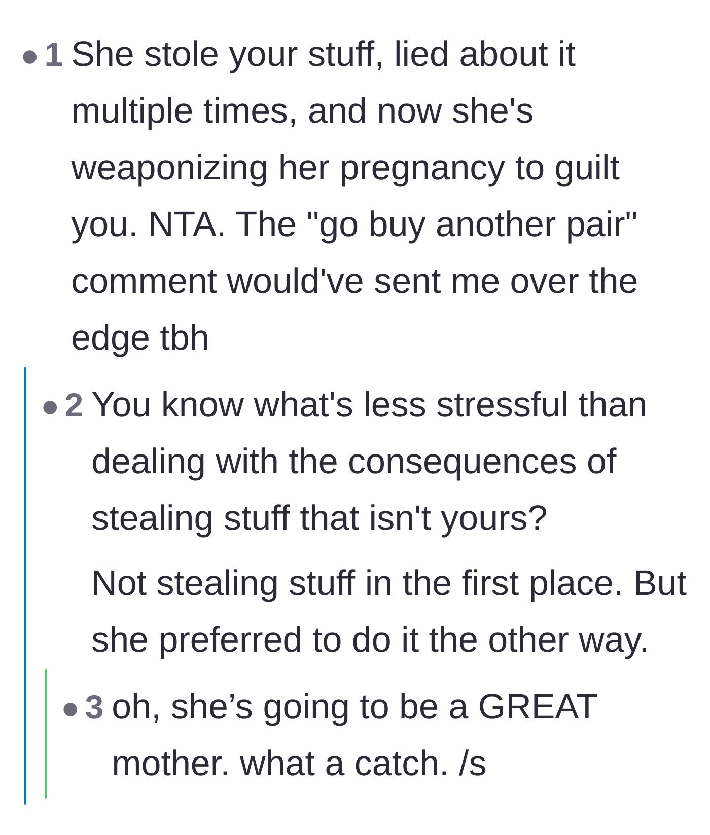 Comment thread 3 - Calling out the thief for weaponizing her pregnancy and shifting the blame.