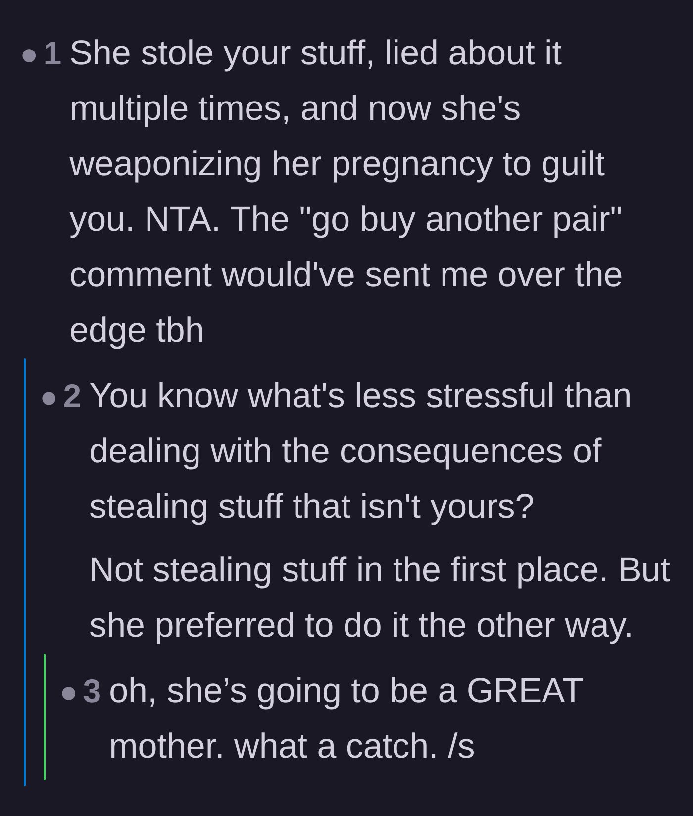 Comment thread 3 - Calling out the thief for weaponizing her pregnancy and shifting the blame.
