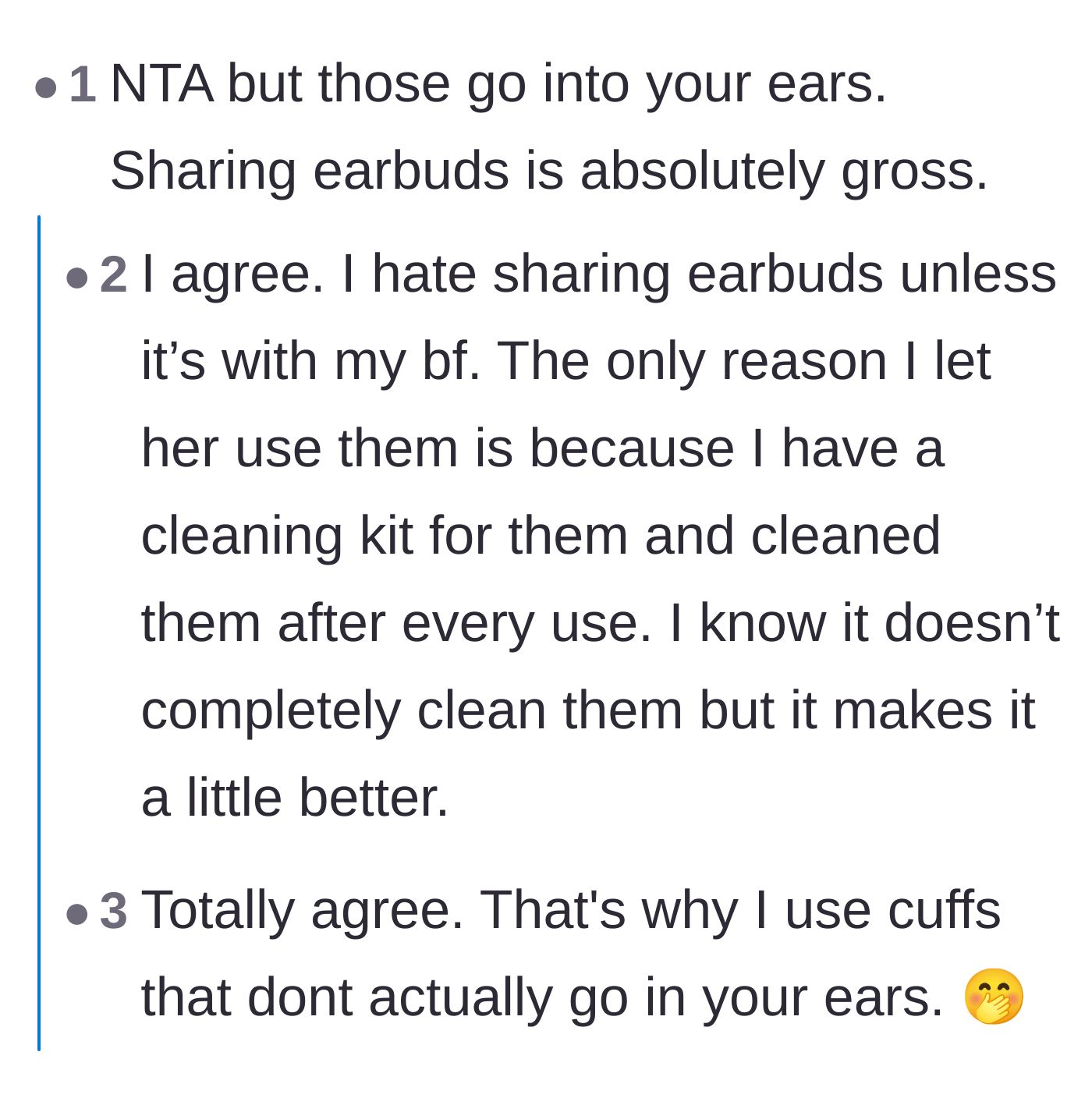 Comment thread 6 - Discussion about the hygiene of sharing in-ear headphones.