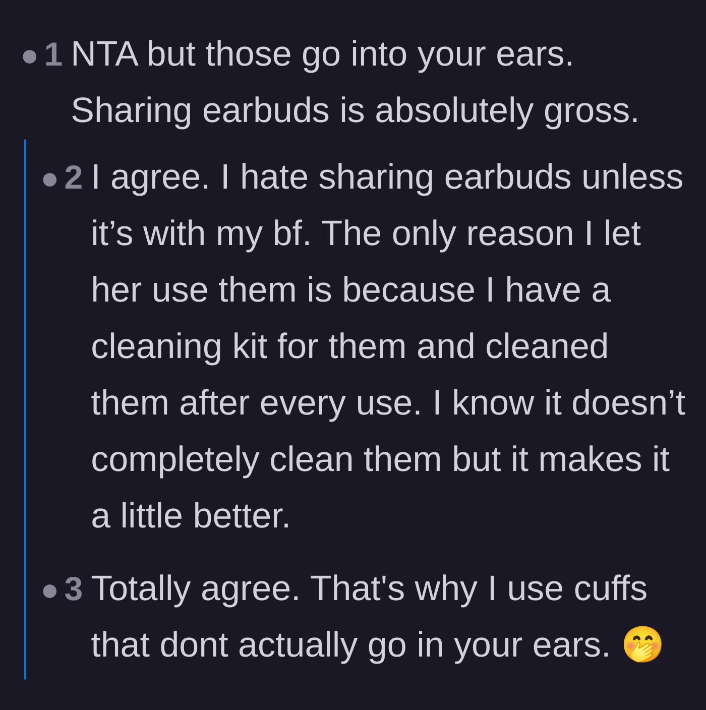 Comment thread 6 - Discussion about the hygiene of sharing in-ear headphones.