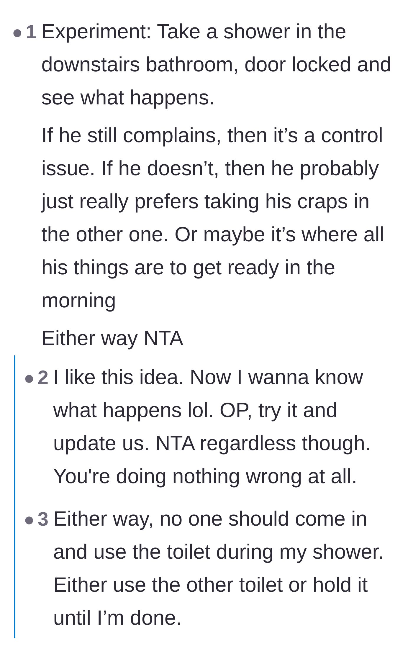 Comment thread 1 - A reader suggesting an experiment where the main character showers in the downstairs bathroom to see if the boyfriend still complains about the locked door.
