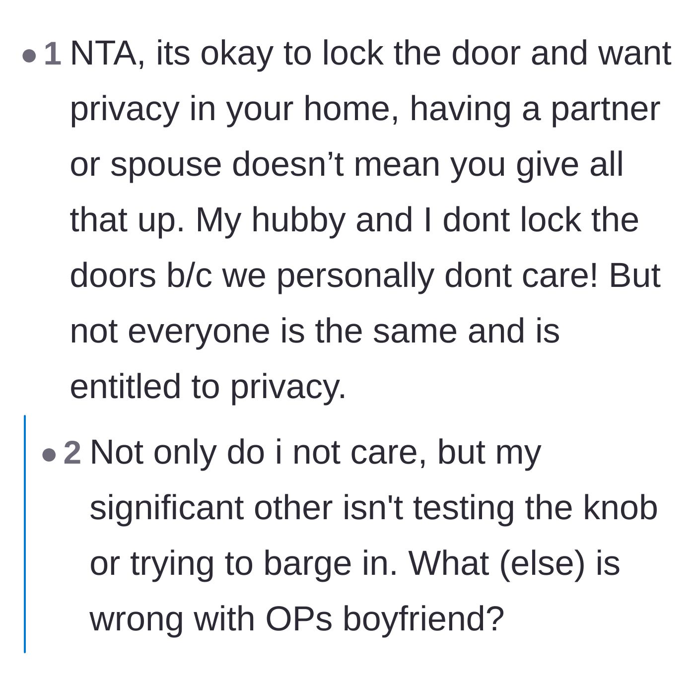 Comment thread 3 - Commenters pointing out that the boyfriend wouldn't even know the door was locked unless he was actively trying to open it while she showered.
