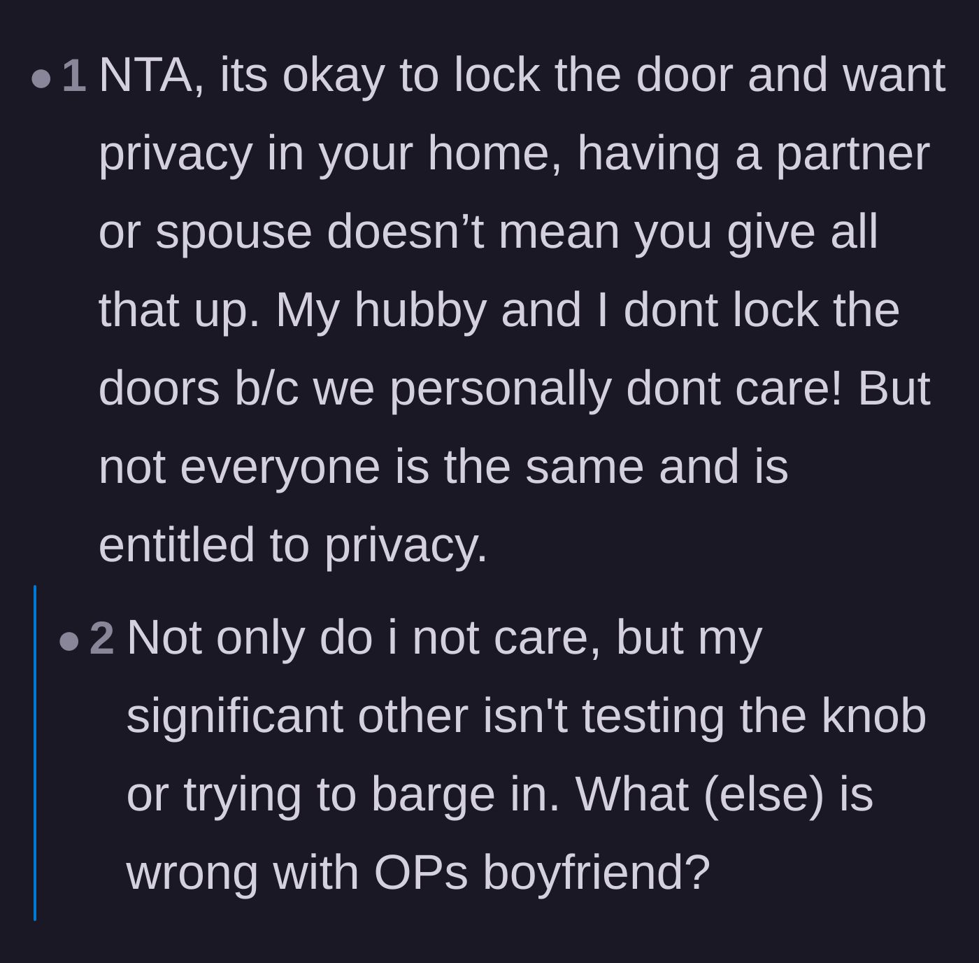 Comment thread 3 - Commenters pointing out that the boyfriend wouldn't even know the door was locked unless he was actively trying to open it while she showered.