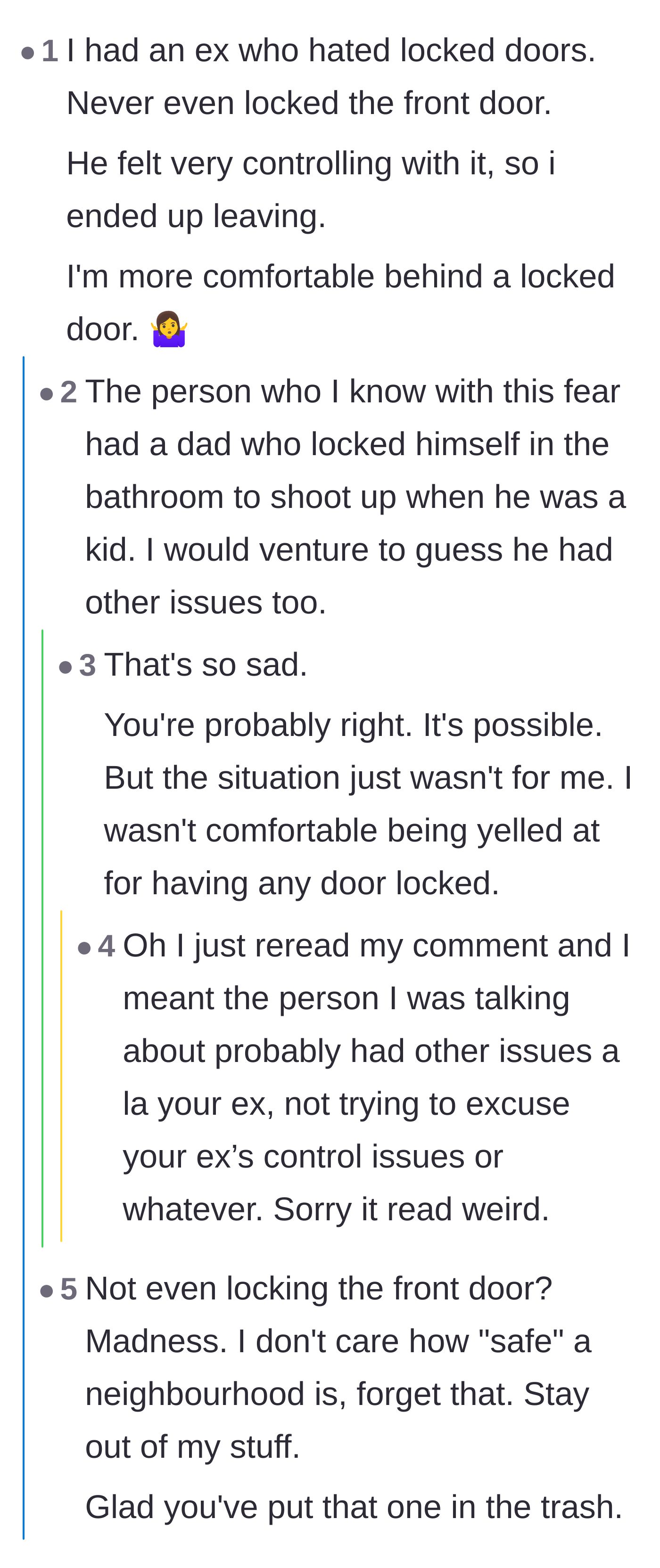 Comment thread 4 - A reader sharing their own experience of leaving an ex-partner who exhibited the same controlling behavior by forbidding locked doors.