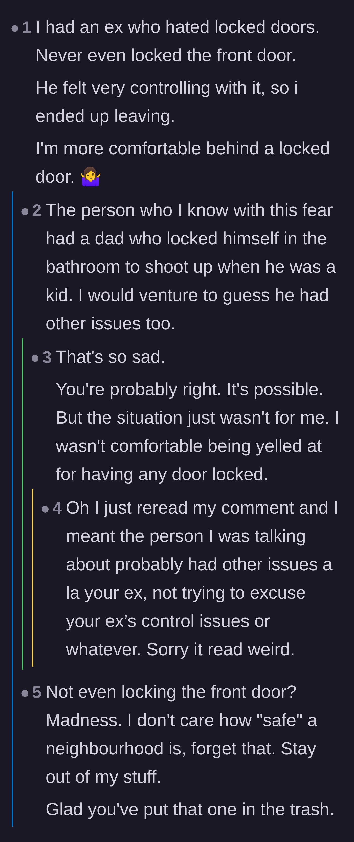 Comment thread 4 - A reader sharing their own experience of leaving an ex-partner who exhibited the same controlling behavior by forbidding locked doors.