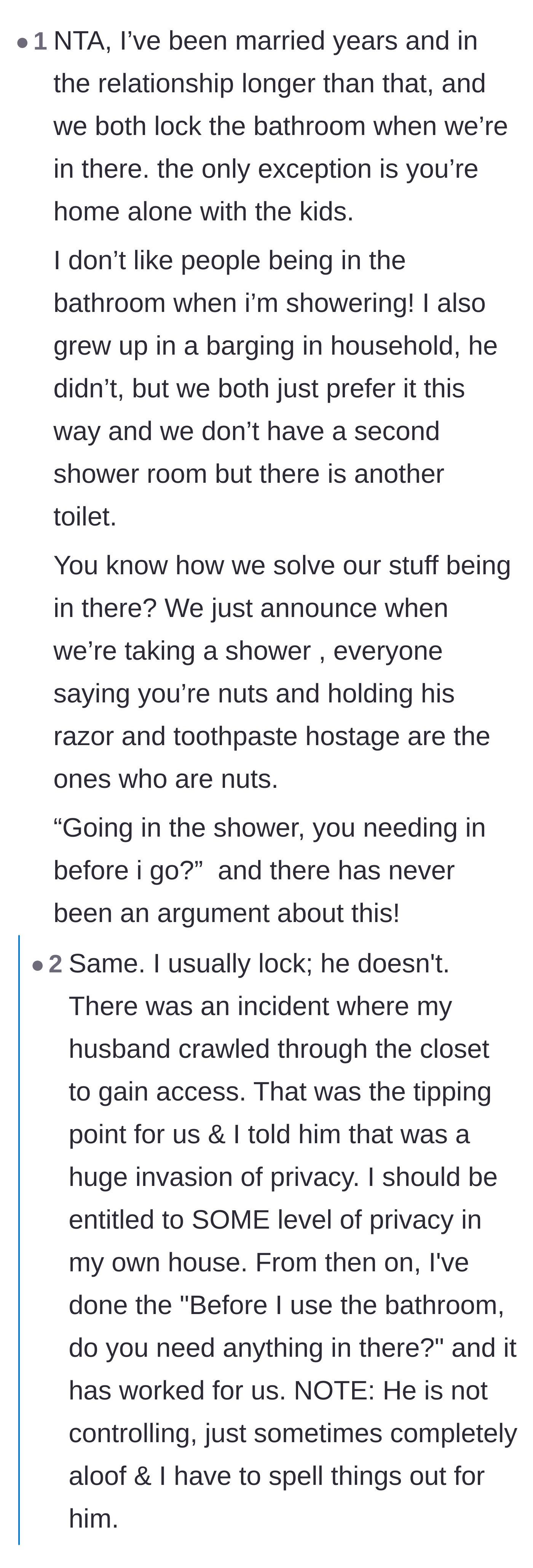 Comment thread 5 - Readers sharing their own system of announcing showers to their household, alongside a wild story of a husband crawling through a closet.