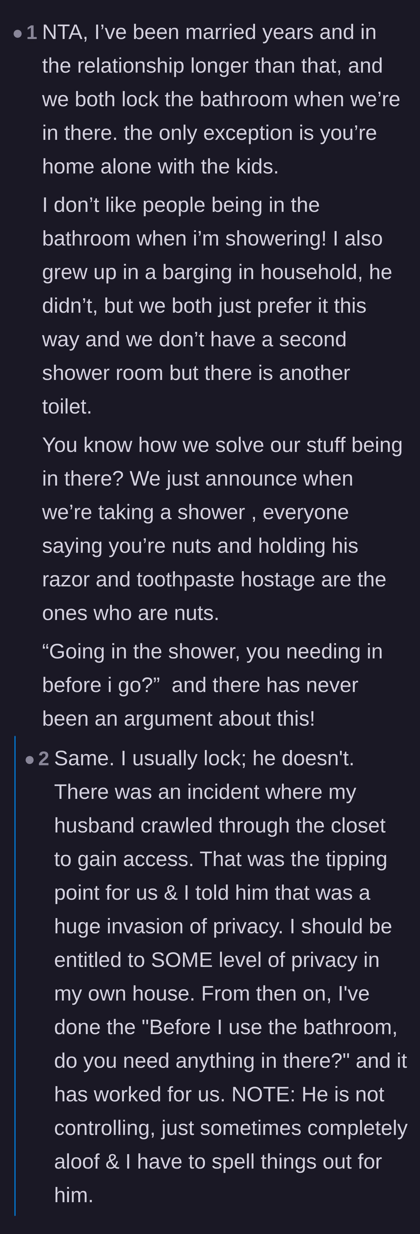 Comment thread 5 - Readers sharing their own system of announcing showers to their household, alongside a wild story of a husband crawling through a closet.