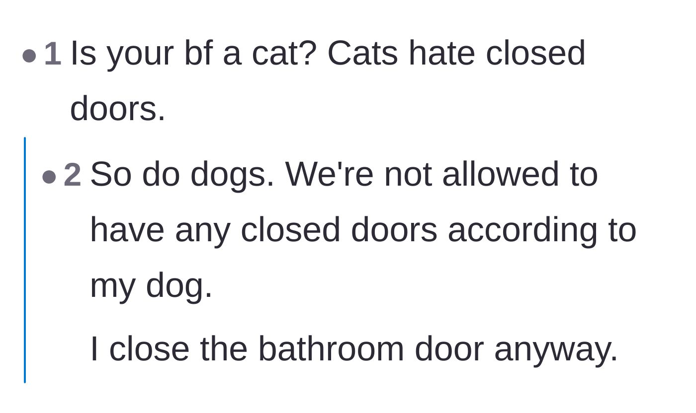 Comment thread 6 - A joke thread comparing the boyfriend's irrational hatred of closed doors to the behavior of a needy cat or dog.
