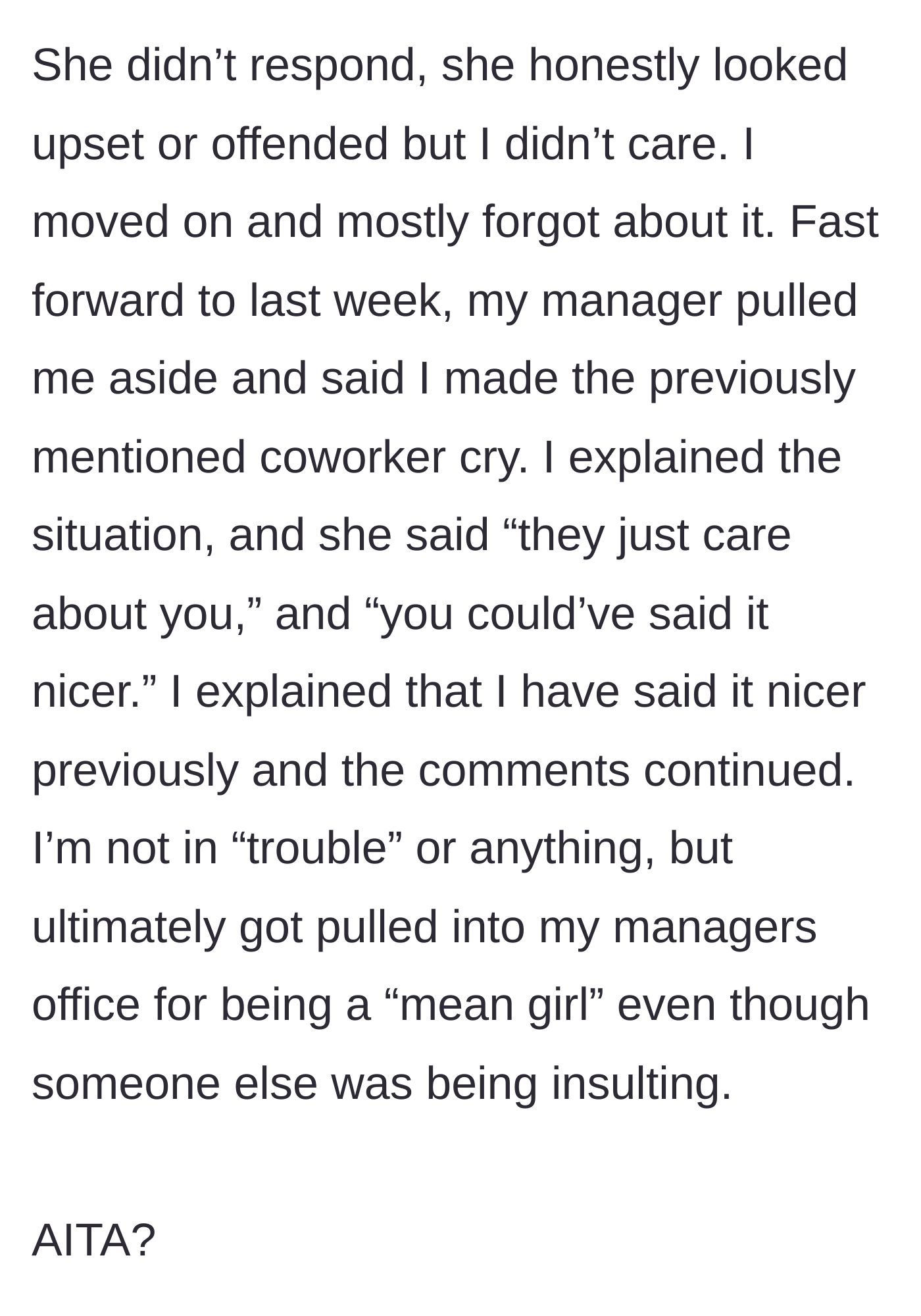 Story part 4 - The coworker cries, leading the manager to unfairly scold the main character for being a 'mean girl'.