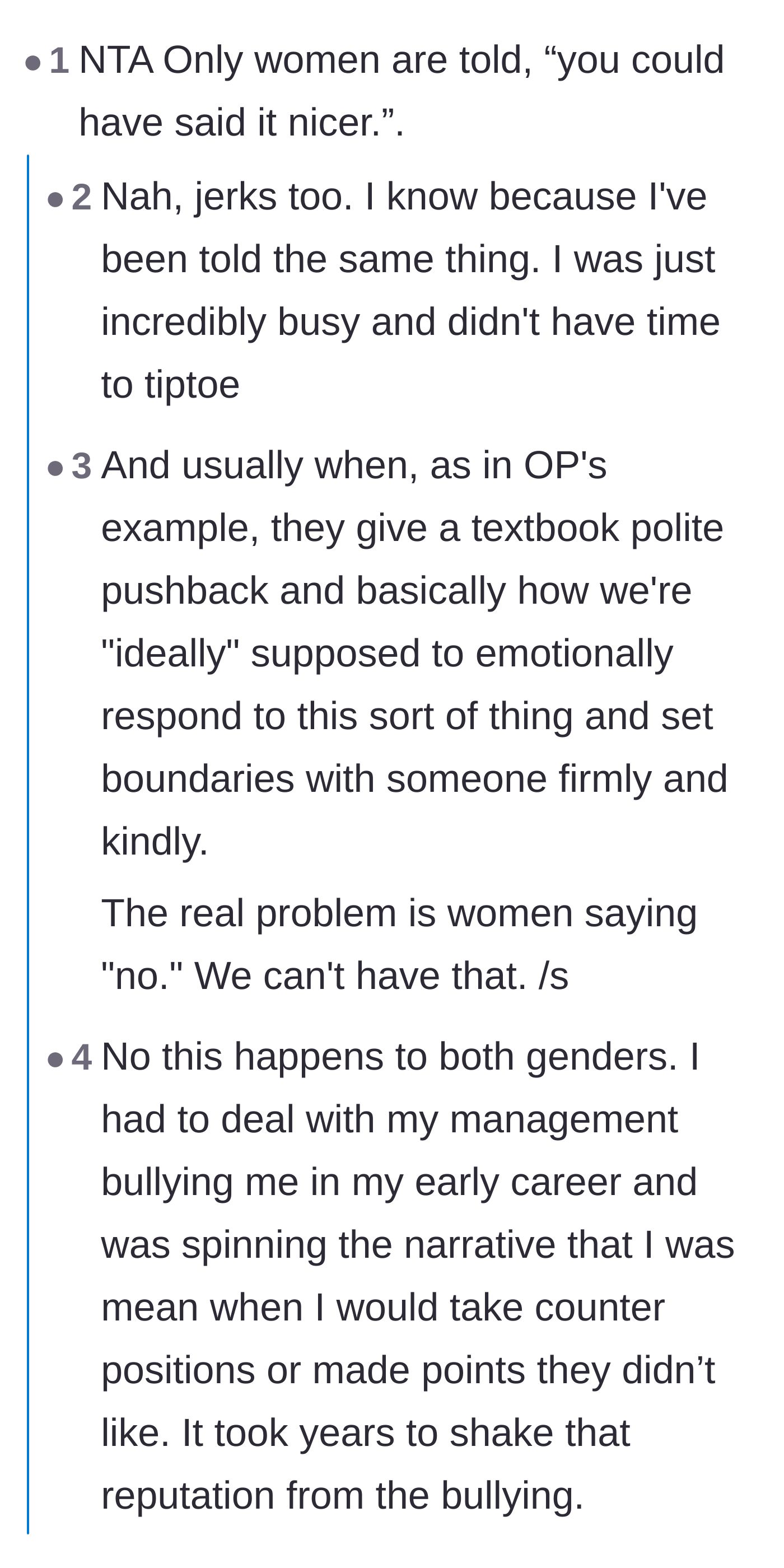Comment thread 2 - A discussion on how women are disproportionately told they need to be nicer when setting basic boundaries.