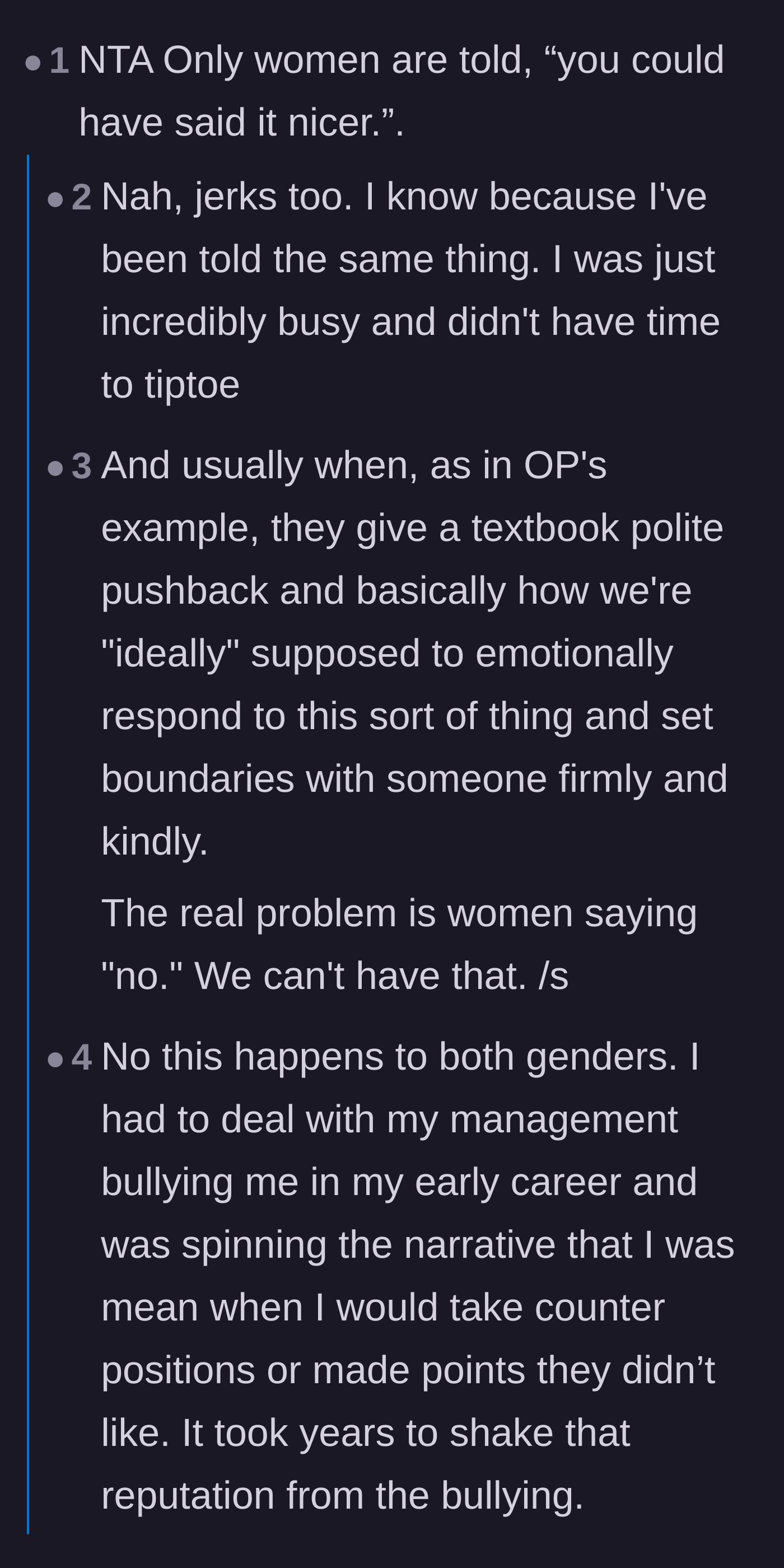 Comment thread 2 - A discussion on how women are disproportionately told they need to be nicer when setting basic boundaries.