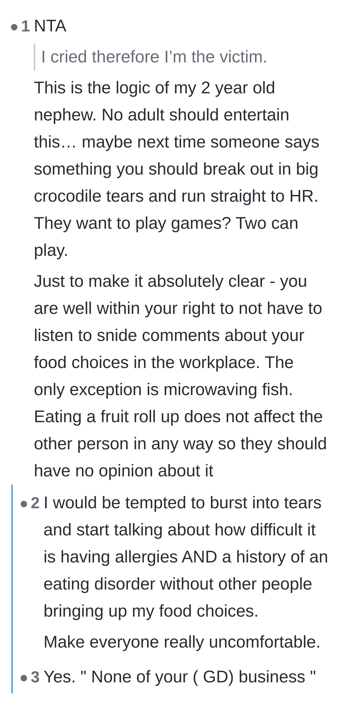 Comment thread 5 - Mocking the coworker's weaponized tears and sharing an extreme story about pushing back against breakroom food policing.