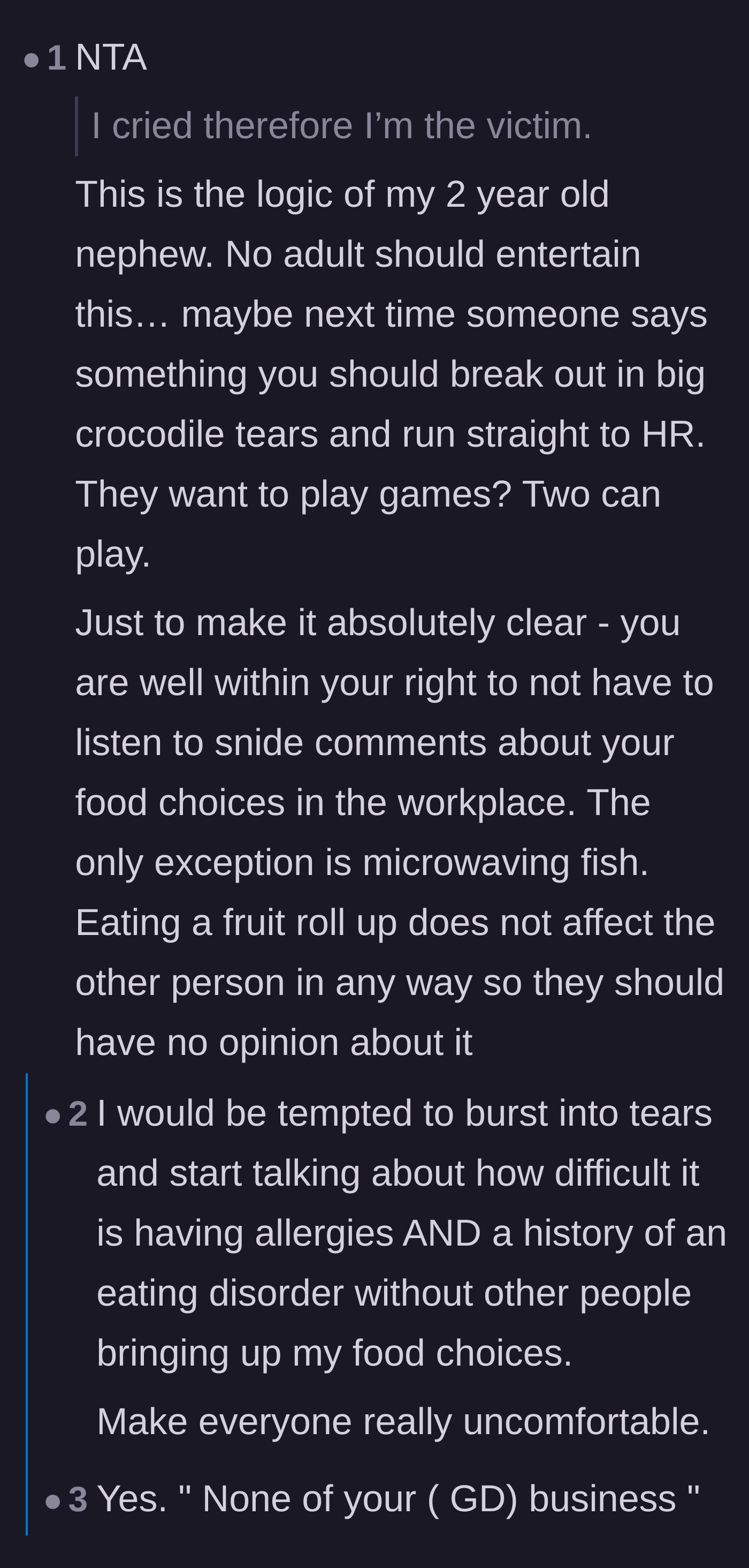 Comment thread 5 - Mocking the coworker's weaponized tears and sharing an extreme story about pushing back against breakroom food policing.