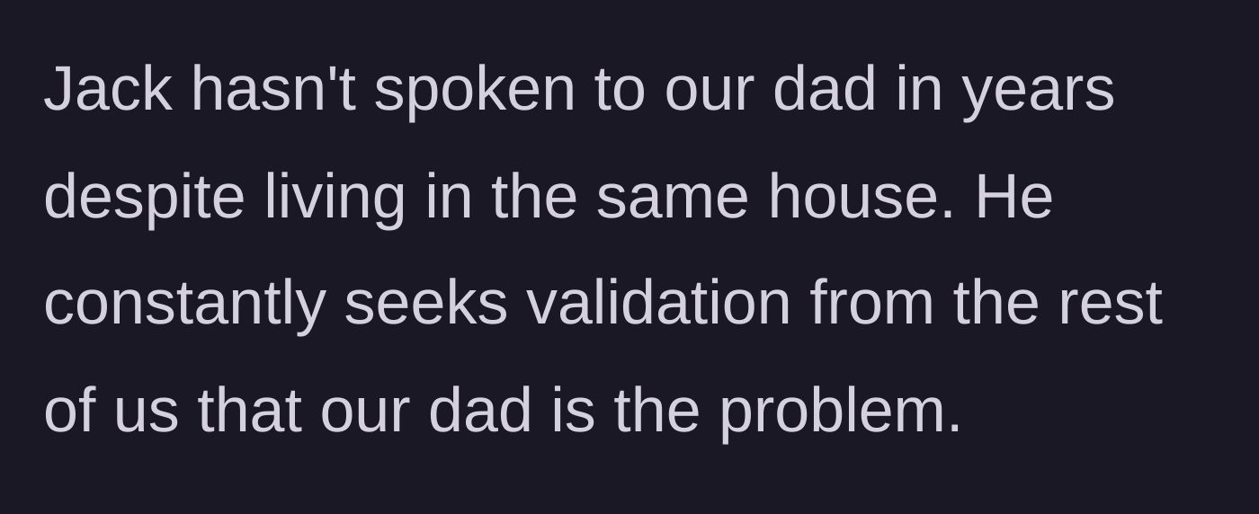 Story part 3 - The brother's toxic dynamic with the father while living under his roof.