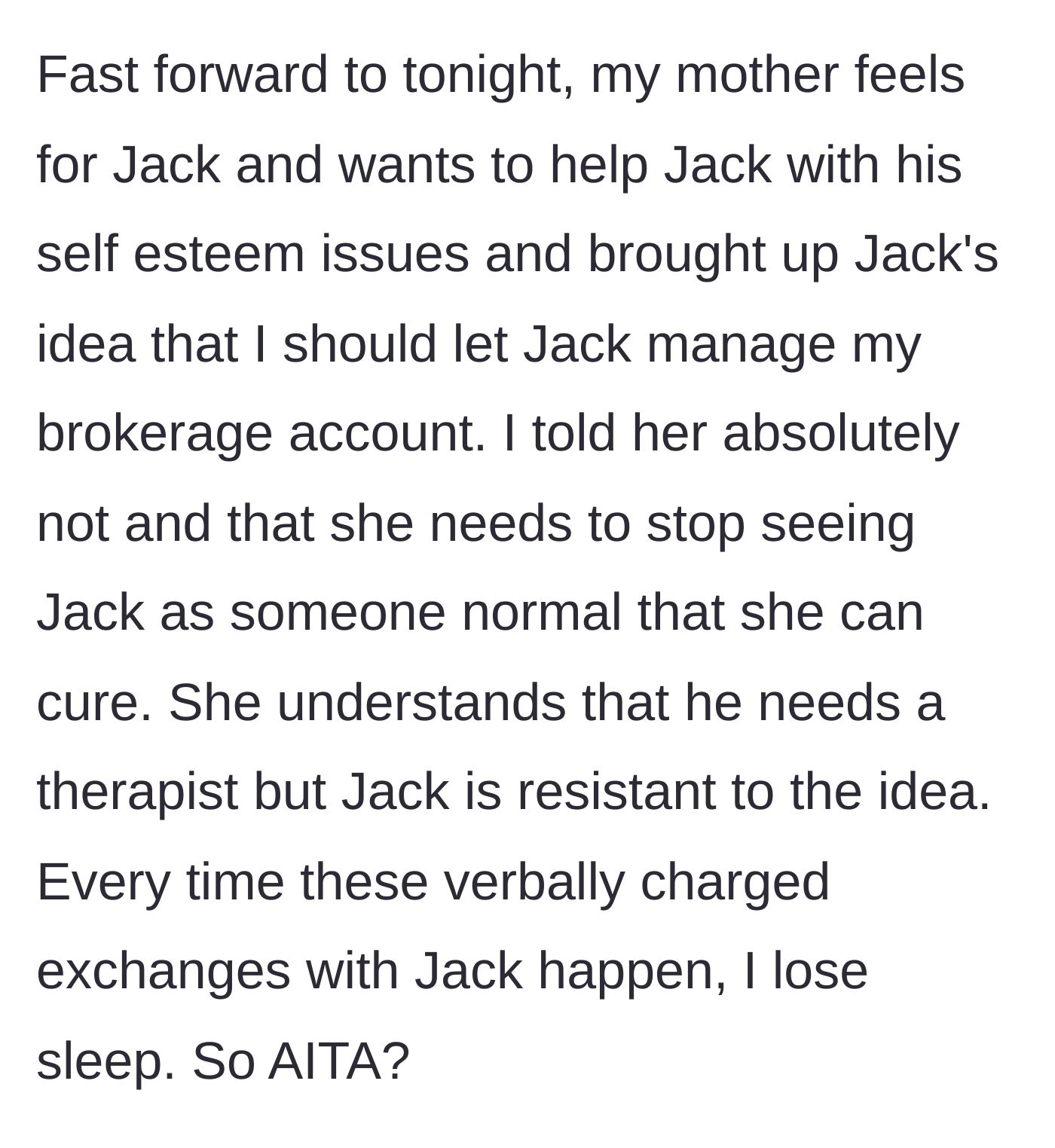 Story part 5 - Mother proposing the brokerage account as a cure, and the main character firmly denying it.