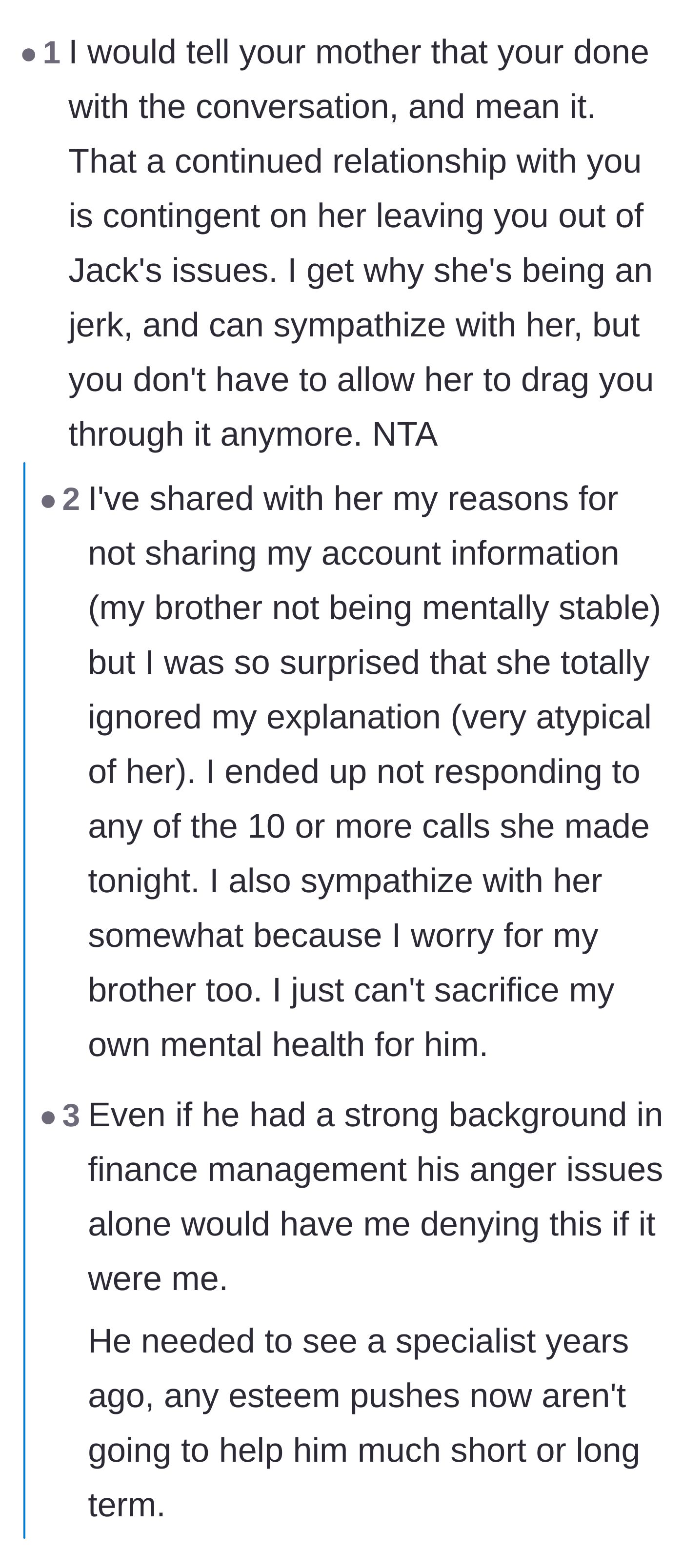 Comment thread 1 - Advice on setting a firm boundary with the enabling mother and refusing to sacrifice mental health.