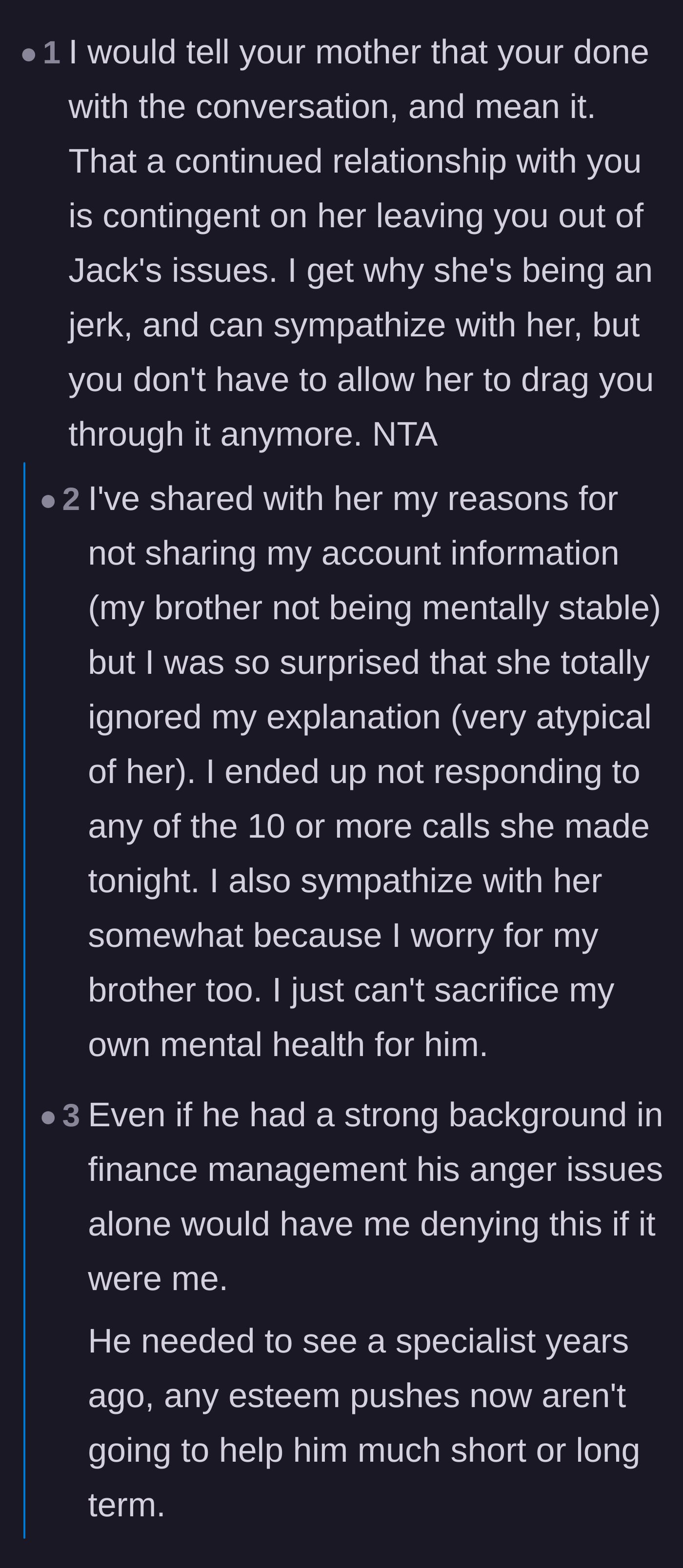 Comment thread 1 - Advice on setting a firm boundary with the enabling mother and refusing to sacrifice mental health.