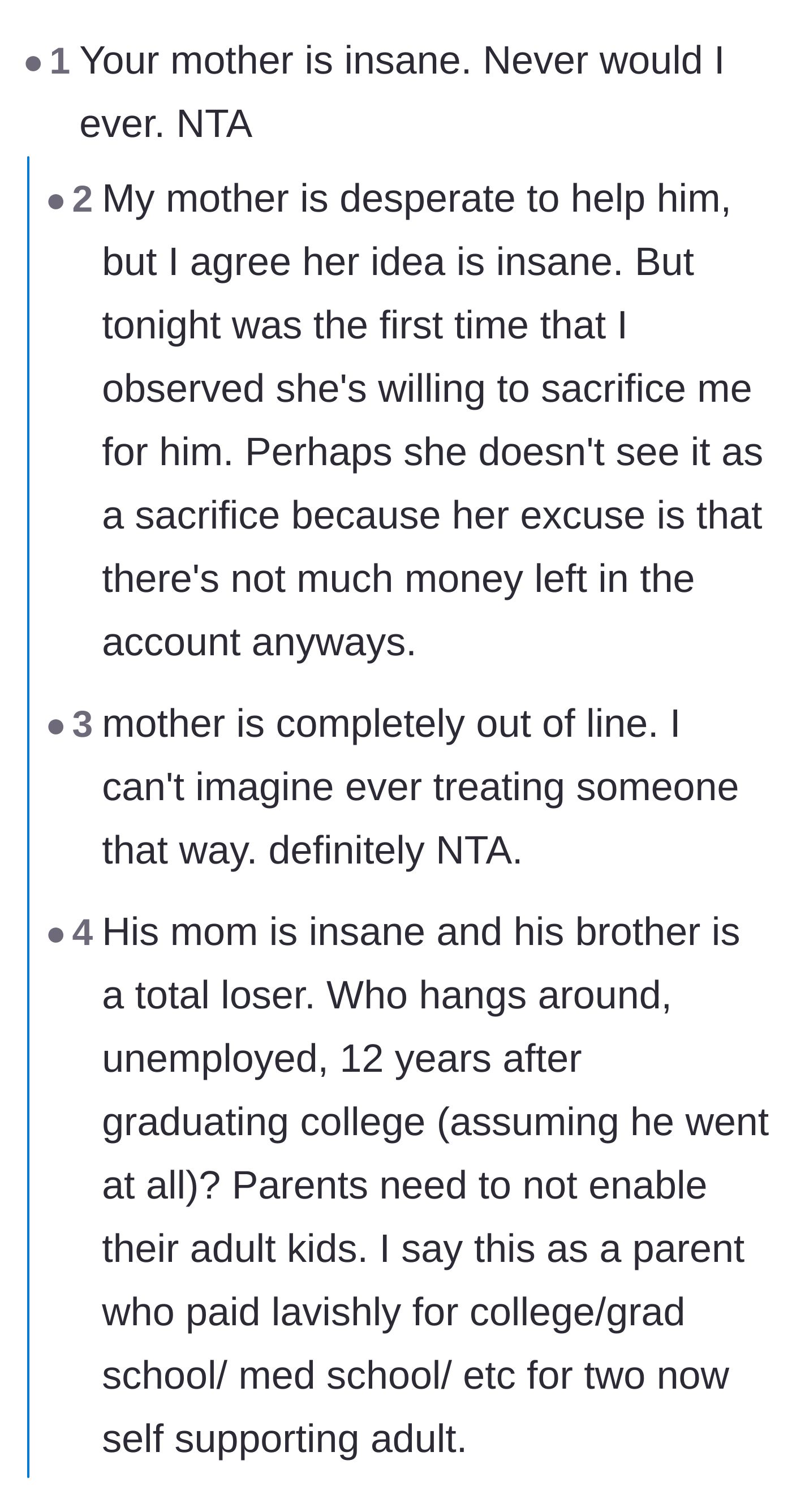 Comment thread 2 - Outrage at the mother's willingness to sacrifice her daughter's financial stability for her son.
