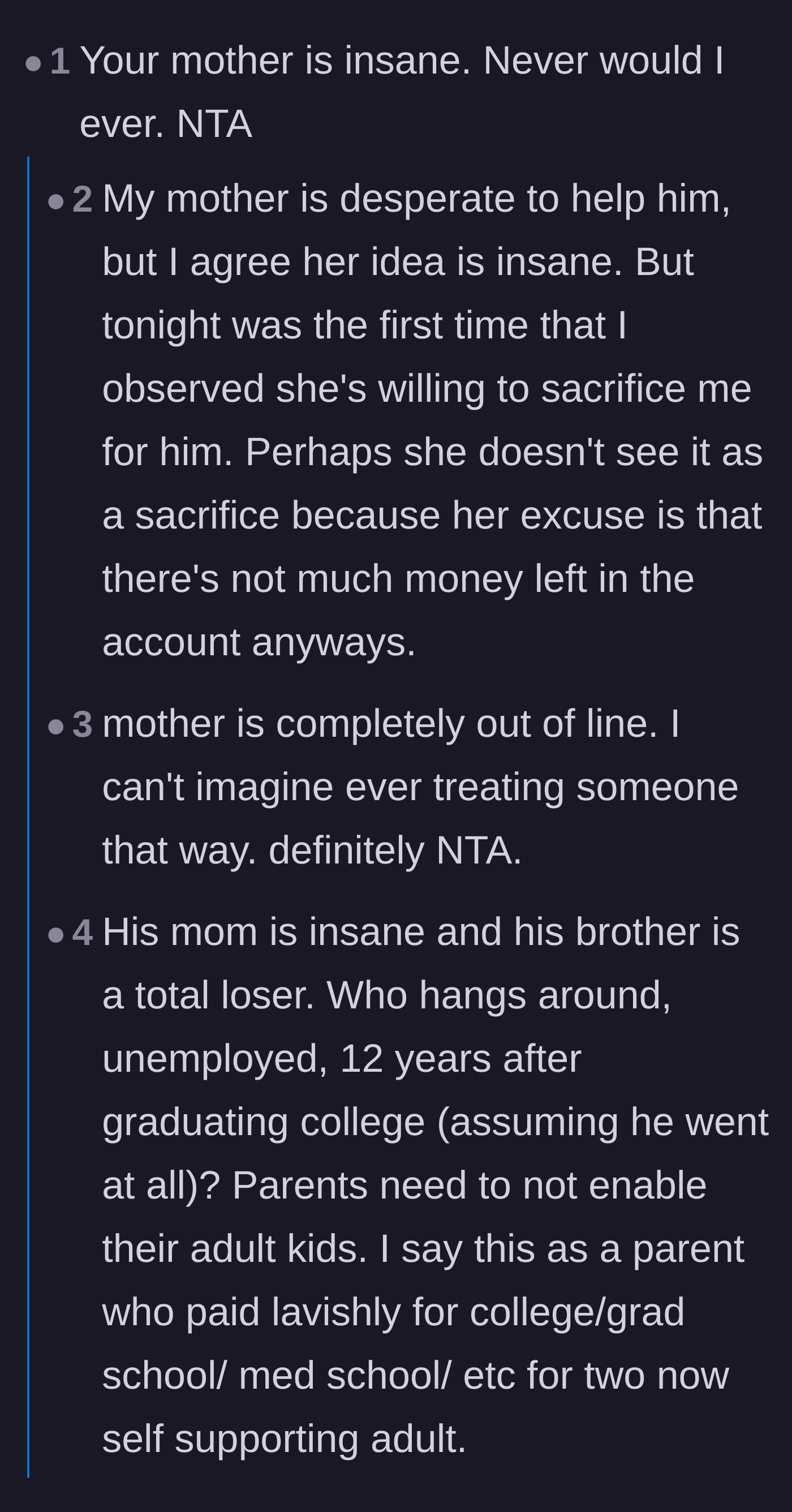 Comment thread 2 - Outrage at the mother's willingness to sacrifice her daughter's financial stability for her son.
