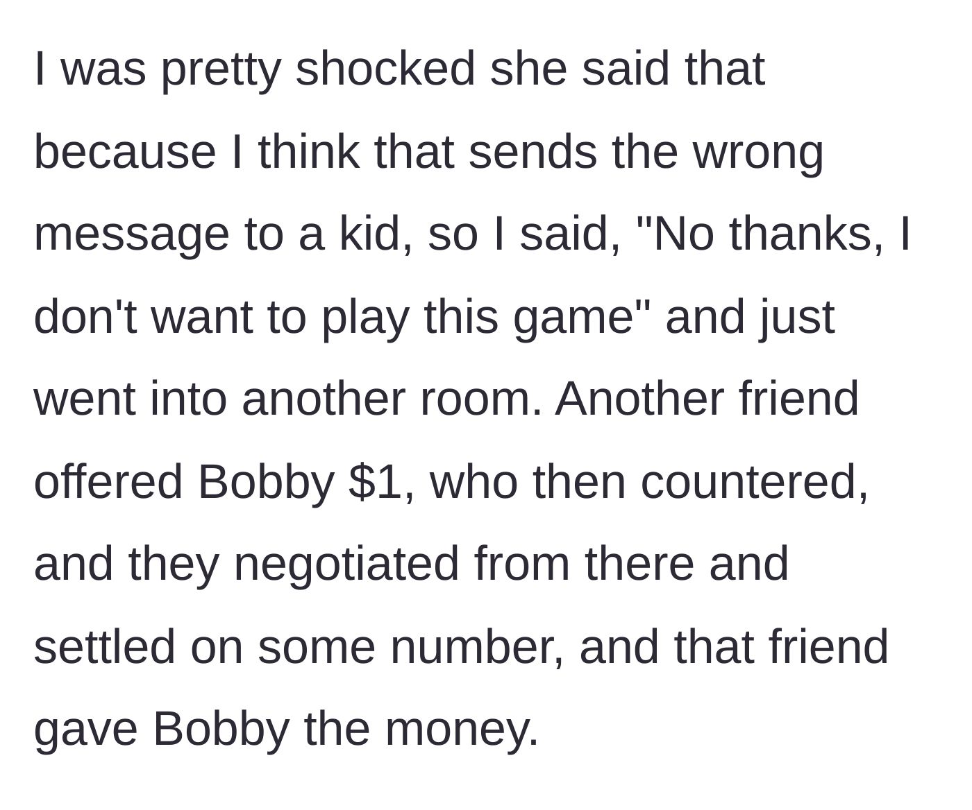 Story part 4 - Shocked, the woman refuses to participate and leaves the room, while another friend engages in negotiations and pays the child.