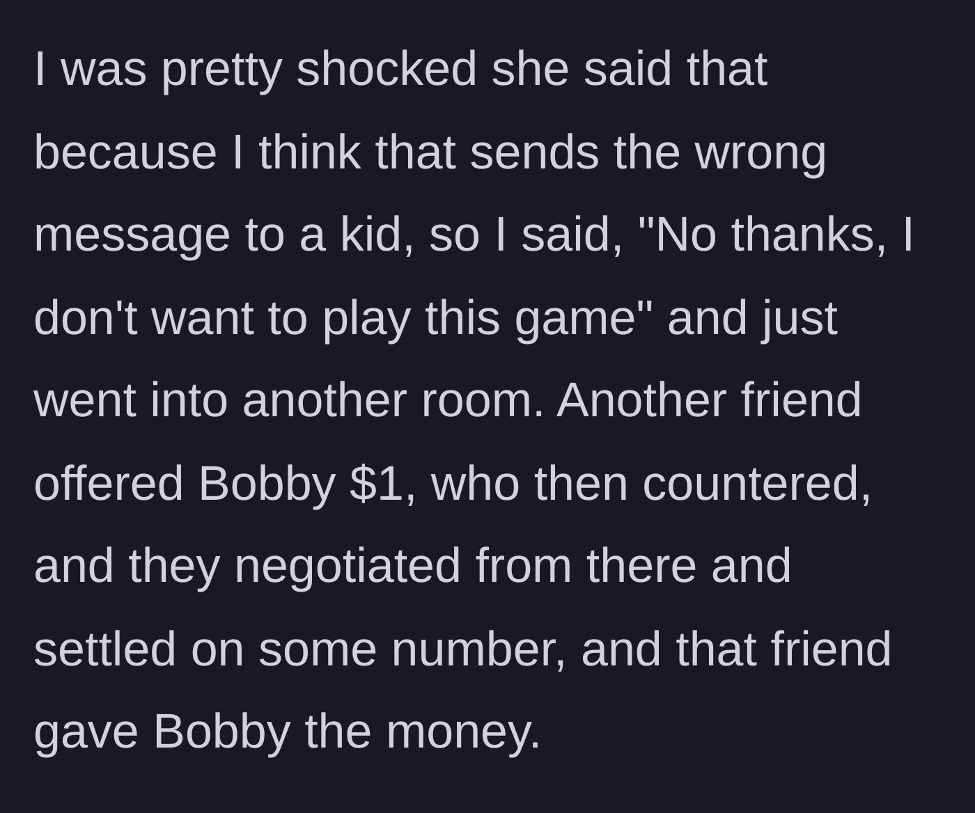 Story part 4 - Shocked, the woman refuses to participate and leaves the room, while another friend engages in negotiations and pays the child.