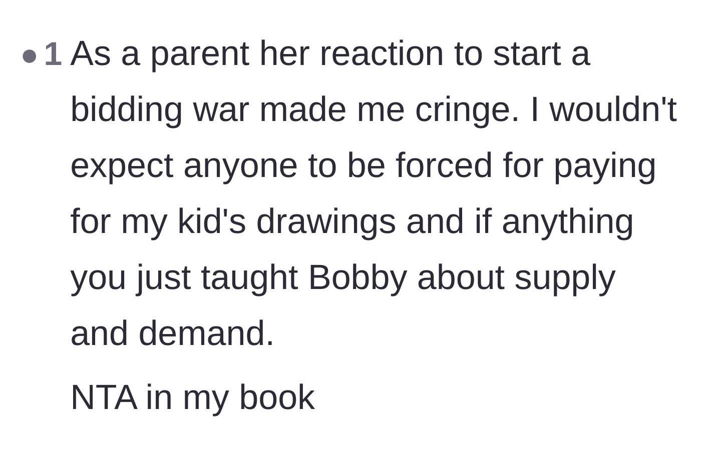 Comment thread 4 - A fellow parent cringing at the bidding war and noting the harsh reality of supply and demand.