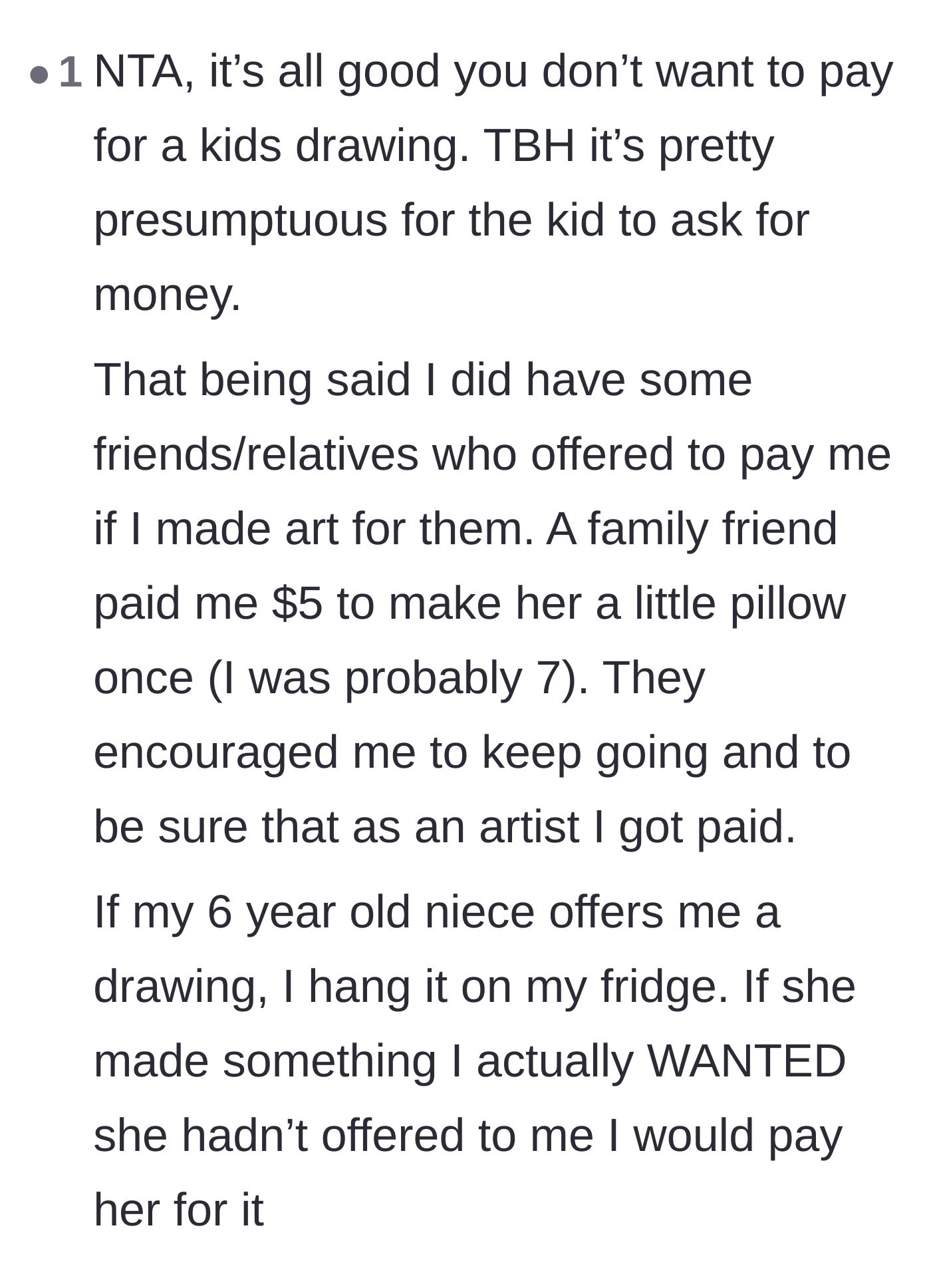Comment thread 6 - Explaining the difference between an adult voluntarily paying a child for art versus a child demanding payment.