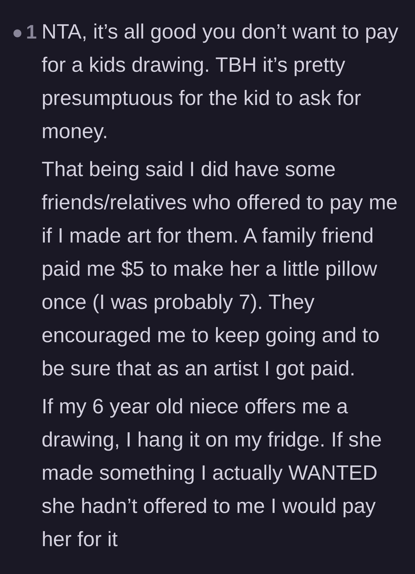 Comment thread 6 - Explaining the difference between an adult voluntarily paying a child for art versus a child demanding payment.