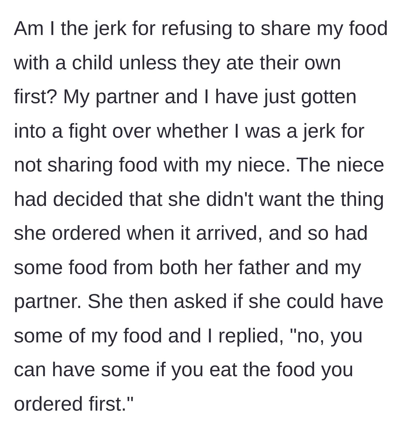 Story part 1 - A child refuses her ordered meal, snacks off two other adults' plates, and demands food from the author, who calmly sets a boundary.