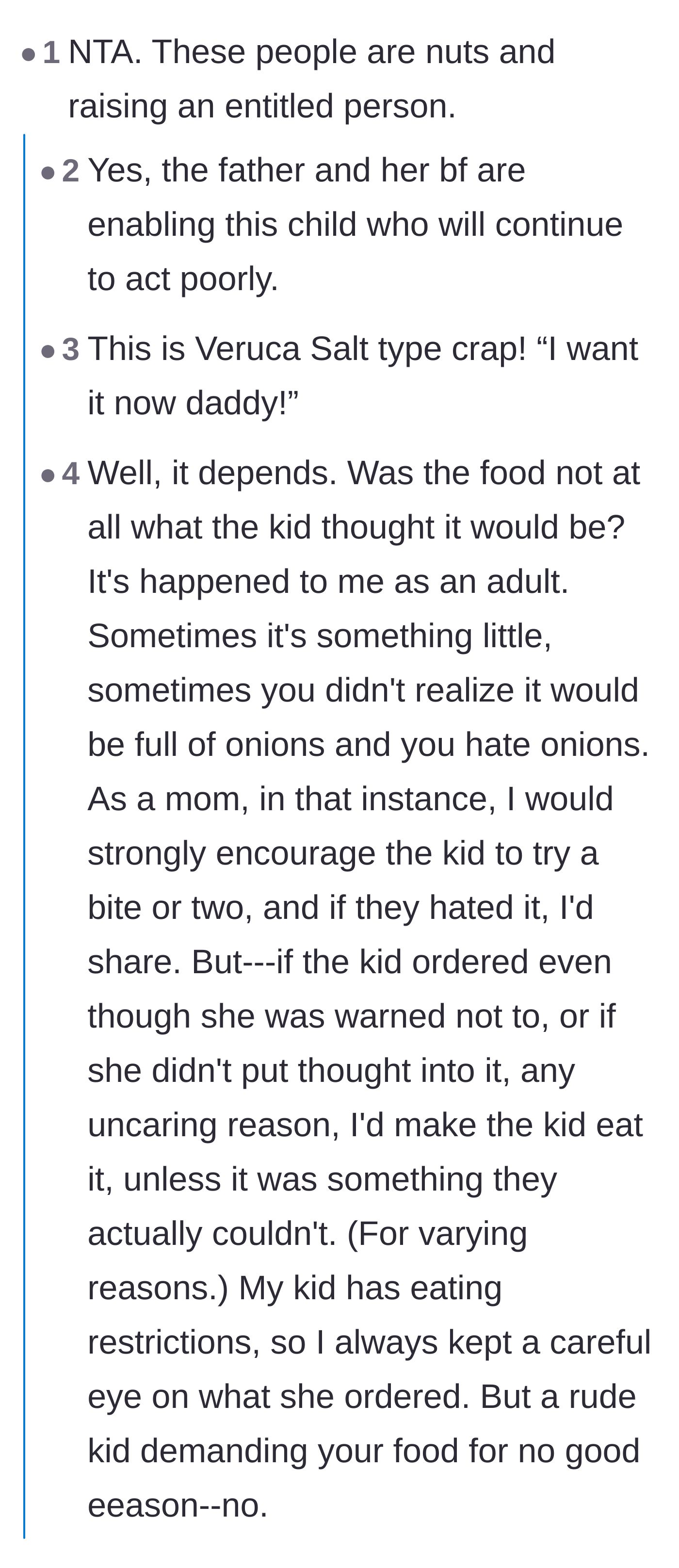 Comment thread 2 - Readers compare the niece to Veruca Salt and debate whether a child disliking their food ever justifies demanding a stranger's meal.