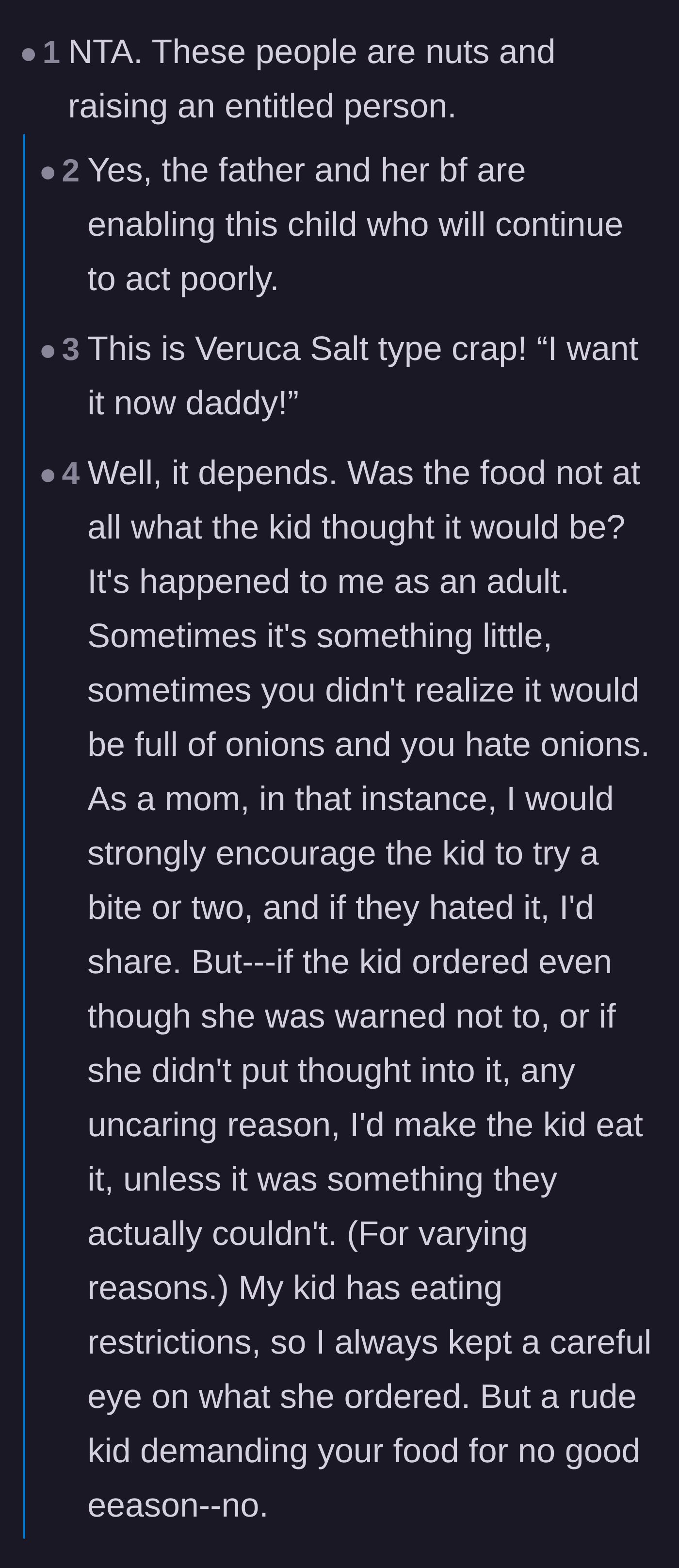 Comment thread 2 - Readers compare the niece to Veruca Salt and debate whether a child disliking their food ever justifies demanding a stranger's meal.