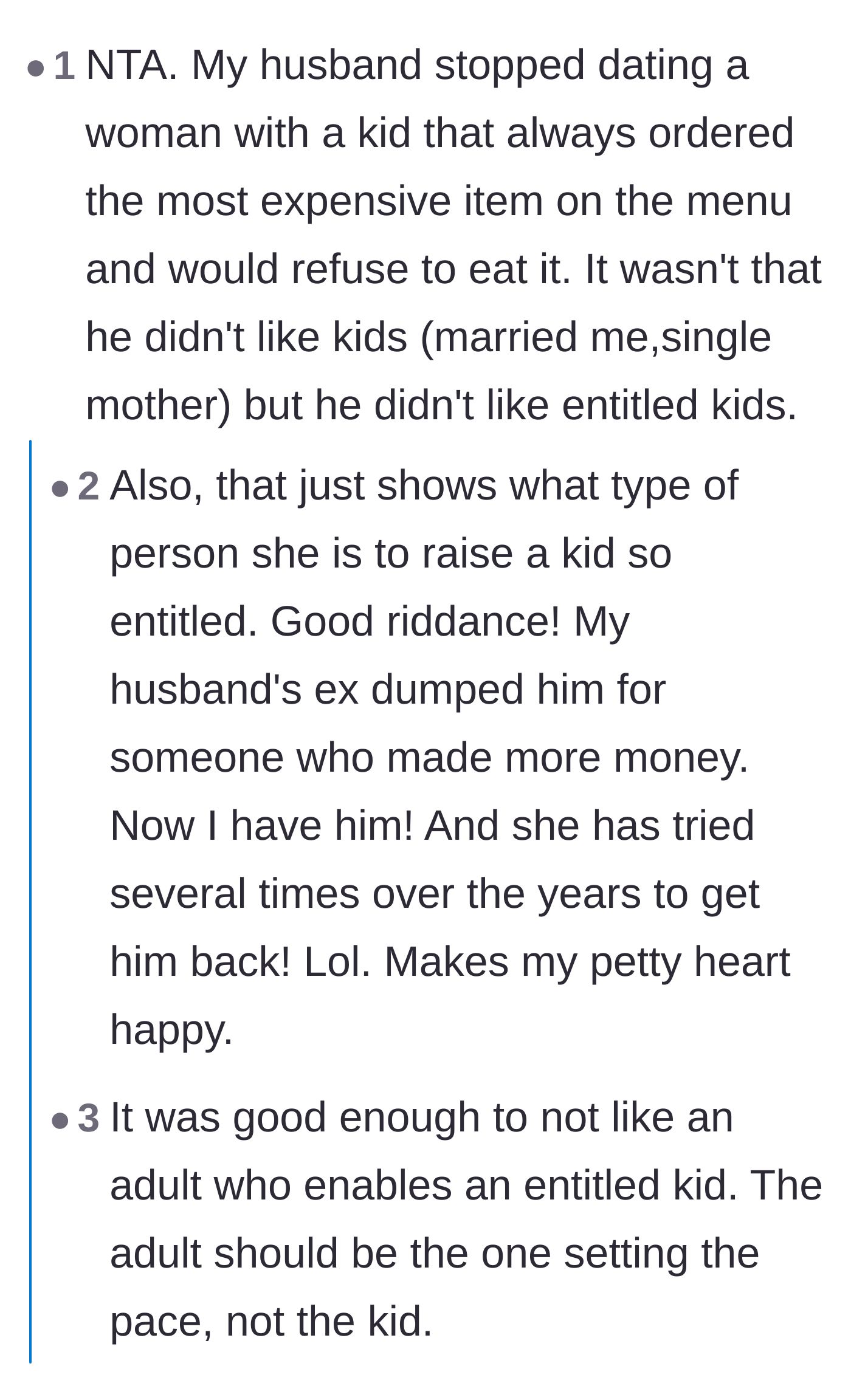 Comment thread 6 - A reader shares how their husband once dumped a woman whose child pulled similar expensive food stunts at restaurants.