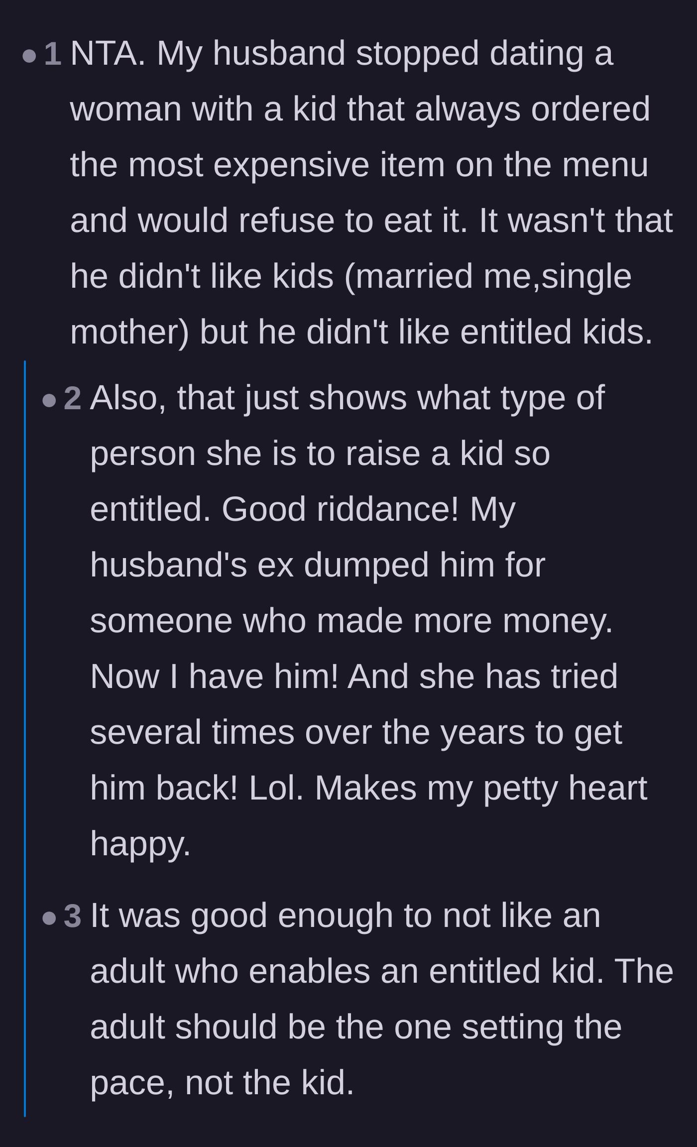 Comment thread 6 - A reader shares how their husband once dumped a woman whose child pulled similar expensive food stunts at restaurants.